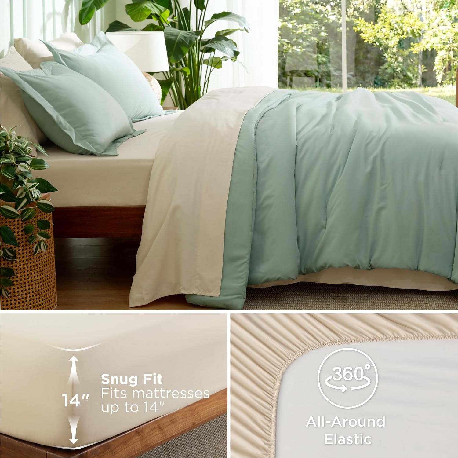 image:imageBedsure Queen Bed in a Bag Sage Green Comforter Set DualTone 7 Pieces Bedding Set All Seasons Contrasting Design Reversible Soft Modern with Sheets Breathable Bed Set 909001 Sage GreenBeige