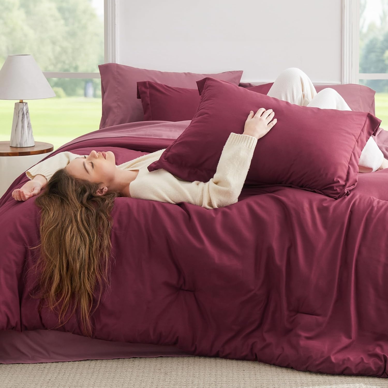 image:imageBedsure Queen Bed in a Bag Sage Green Comforter Set DualTone 7 Pieces Bedding Set All Seasons Contrasting Design Reversible Soft Modern with Sheets Breathable Bed Set 909012 BurgundyRoan Rouge