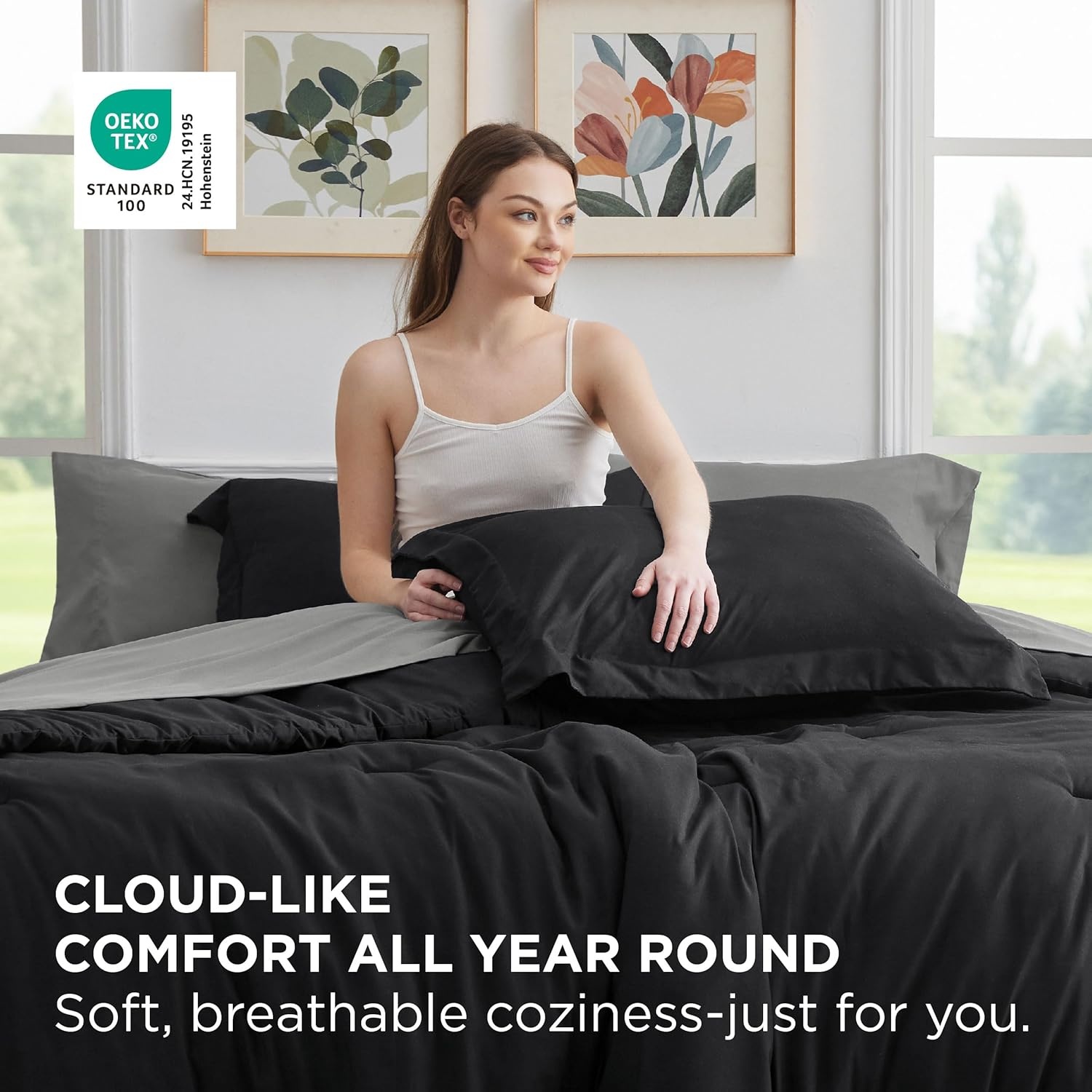 image:imageBedsure Queen Bed in a Bag Sage Green Comforter Set DualTone 7 Pieces Bedding Set All Seasons Contrasting Design Reversible Soft Modern with Sheets Breathable Bed Set 909006 BlackDark Grey