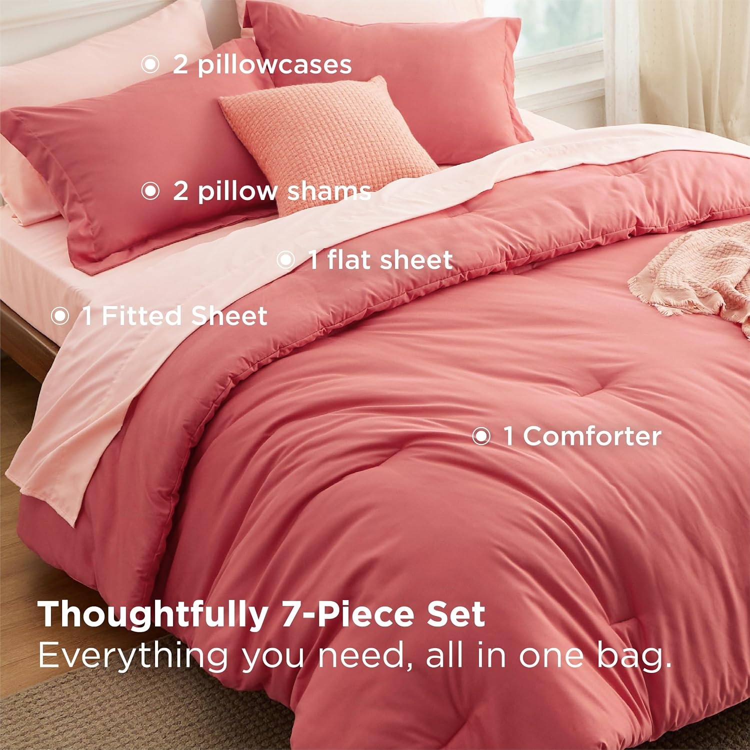 image:imageBedsure Queen Bed in a Bag Sage Green Comforter Set DualTone 7 Pieces Bedding Set All Seasons Contrasting Design Reversible Soft Modern with Sheets Breathable Bed Set 909013 CoralPink