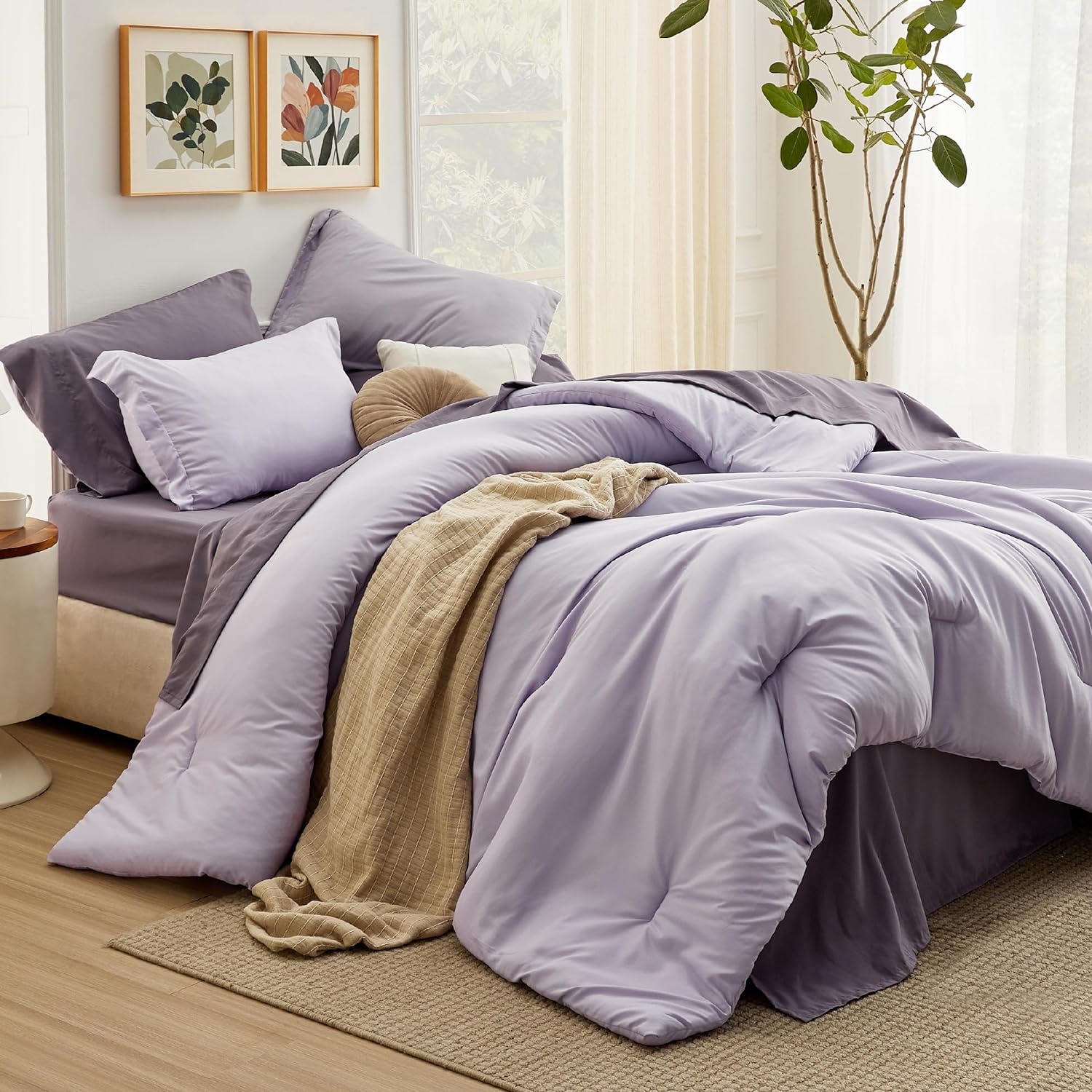image:imageBedsure Queen Bed in a Bag Sage Green Comforter Set DualTone 7 Pieces Bedding Set All Seasons Contrasting Design Reversible Soft Modern with Sheets Breathable Bed Set 909009 LavenderGrayish Purple