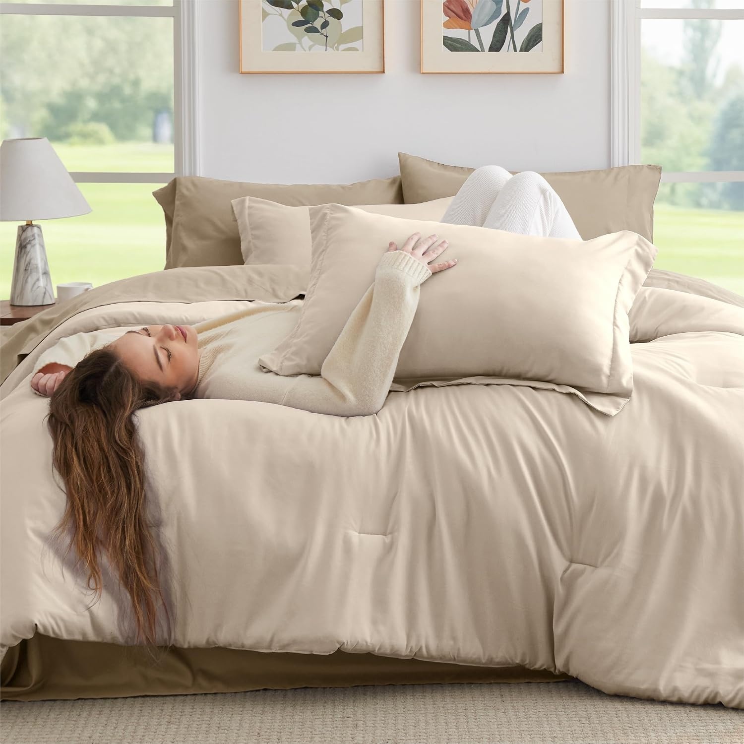 image:imageBedsure Queen Bed in a Bag Sage Green Comforter Set DualTone 7 Pieces Bedding Set All Seasons Contrasting Design Reversible Soft Modern with Sheets Breathable Bed Set 909016 Light BeigeKhaki