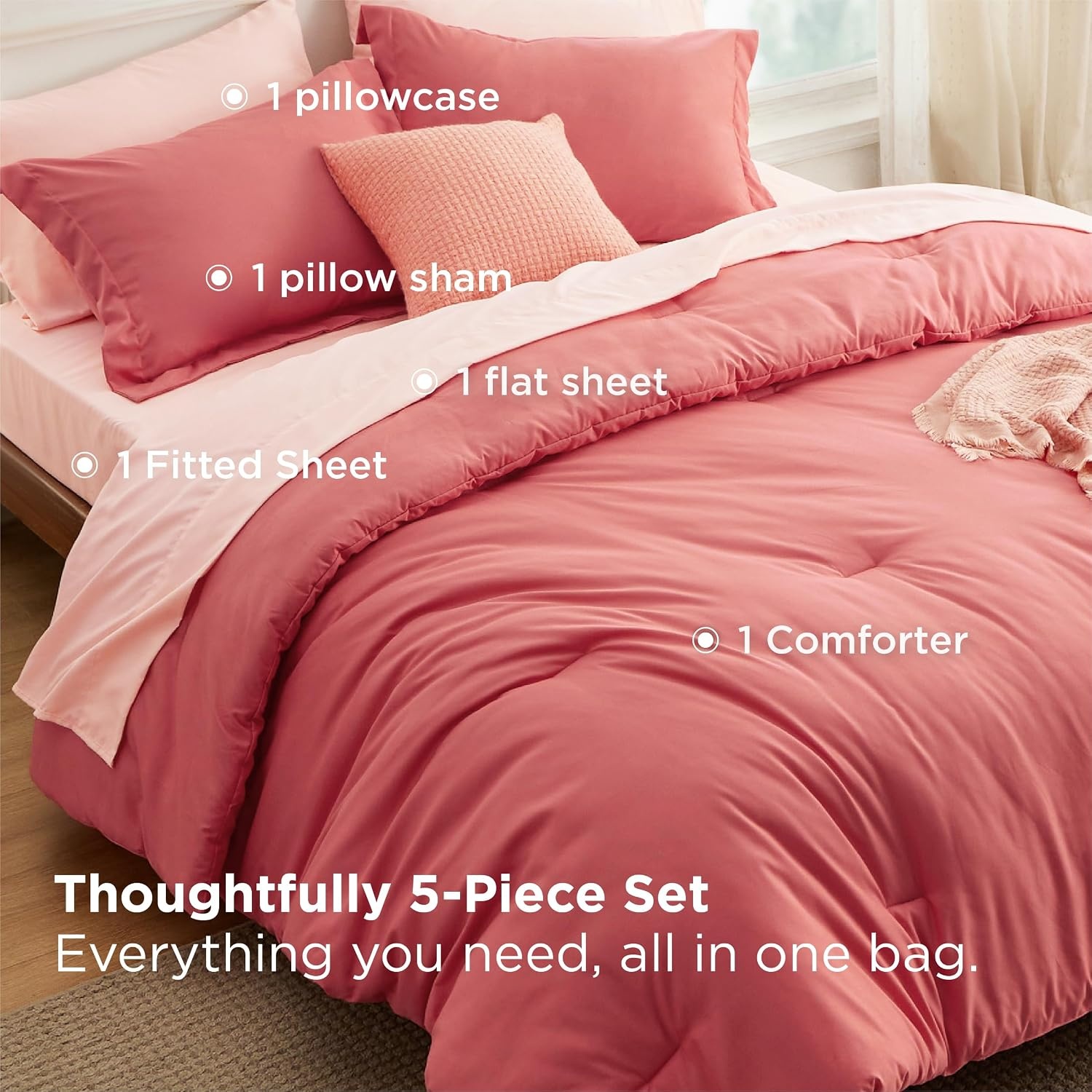 image:imageBedsure Queen Bed in a Bag Sage Green Comforter Set DualTone 7 Pieces Bedding Set All Seasons Contrasting Design Reversible Soft Modern with Sheets Breathable Bed Set 909013 CoralPink