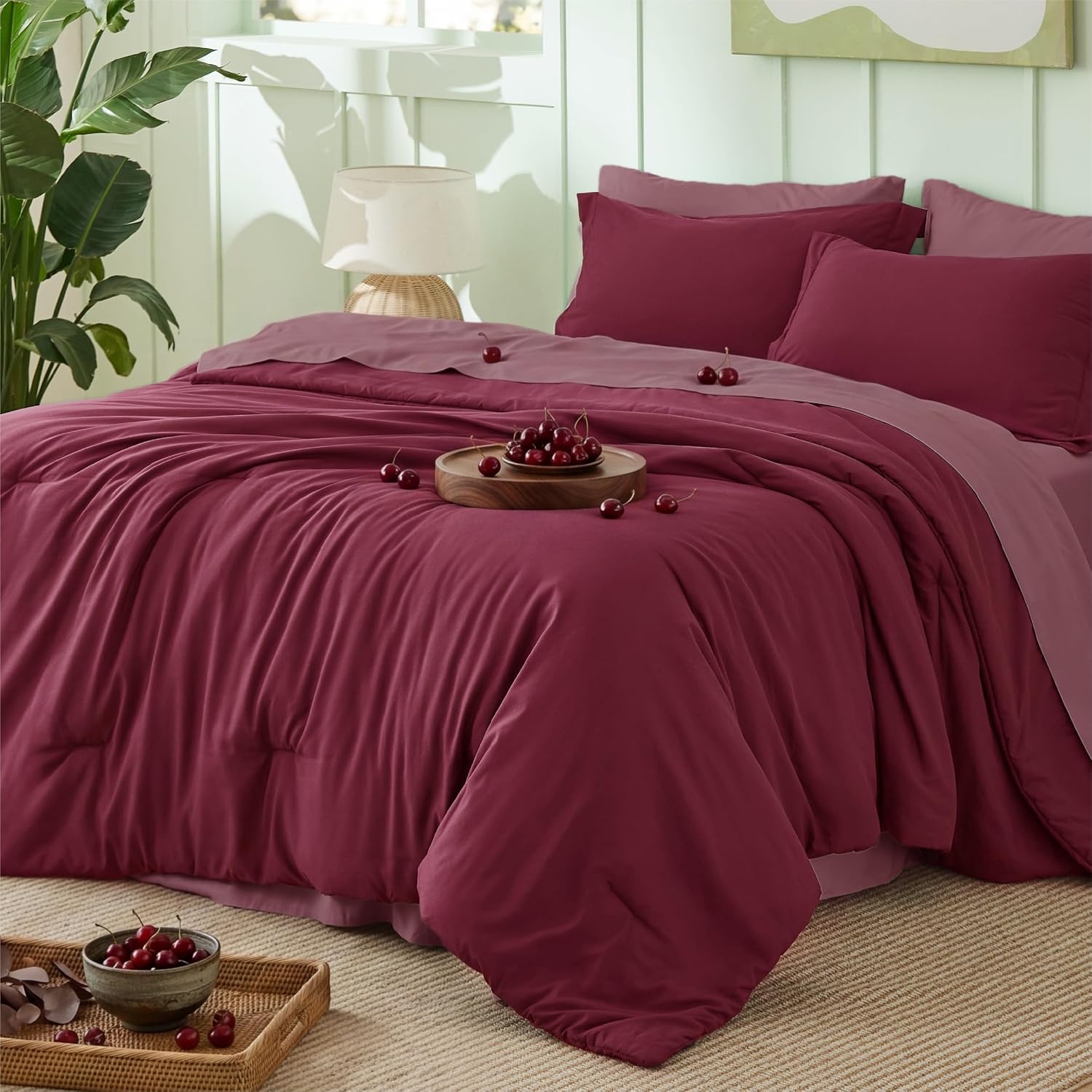 image:imageBedsure Queen Bed in a Bag Sage Green Comforter Set DualTone 7 Pieces Bedding Set All Seasons Contrasting Design Reversible Soft Modern with Sheets Breathable Bed Set 909012 BurgundyRoan Rouge