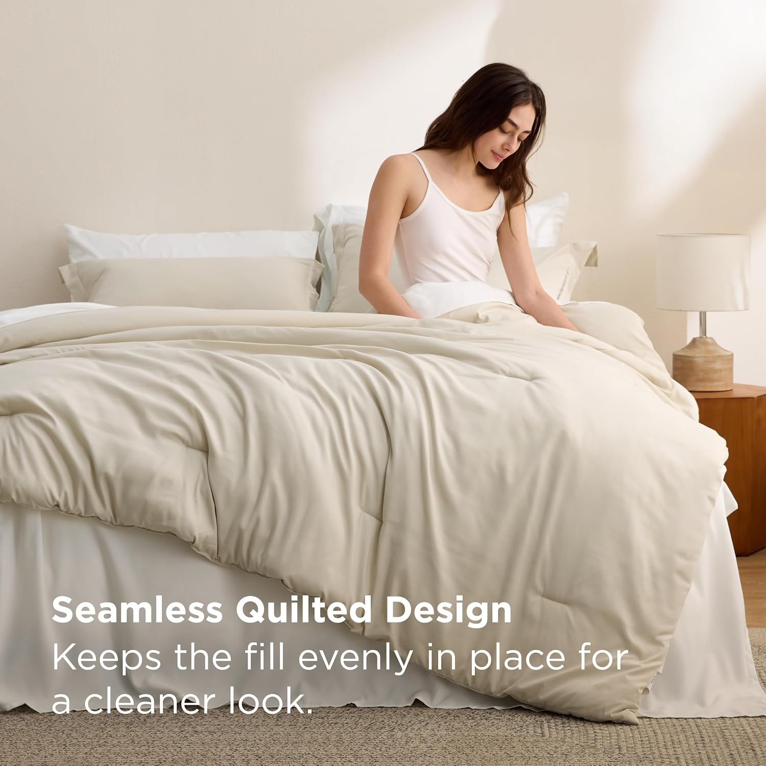 image:imageBedsure Queen Bed in a Bag Sage Green Comforter Set DualTone 7 Pieces Bedding Set All Seasons Contrasting Design Reversible Soft Modern with Sheets Breathable Bed Set 909002 BeigeWhite