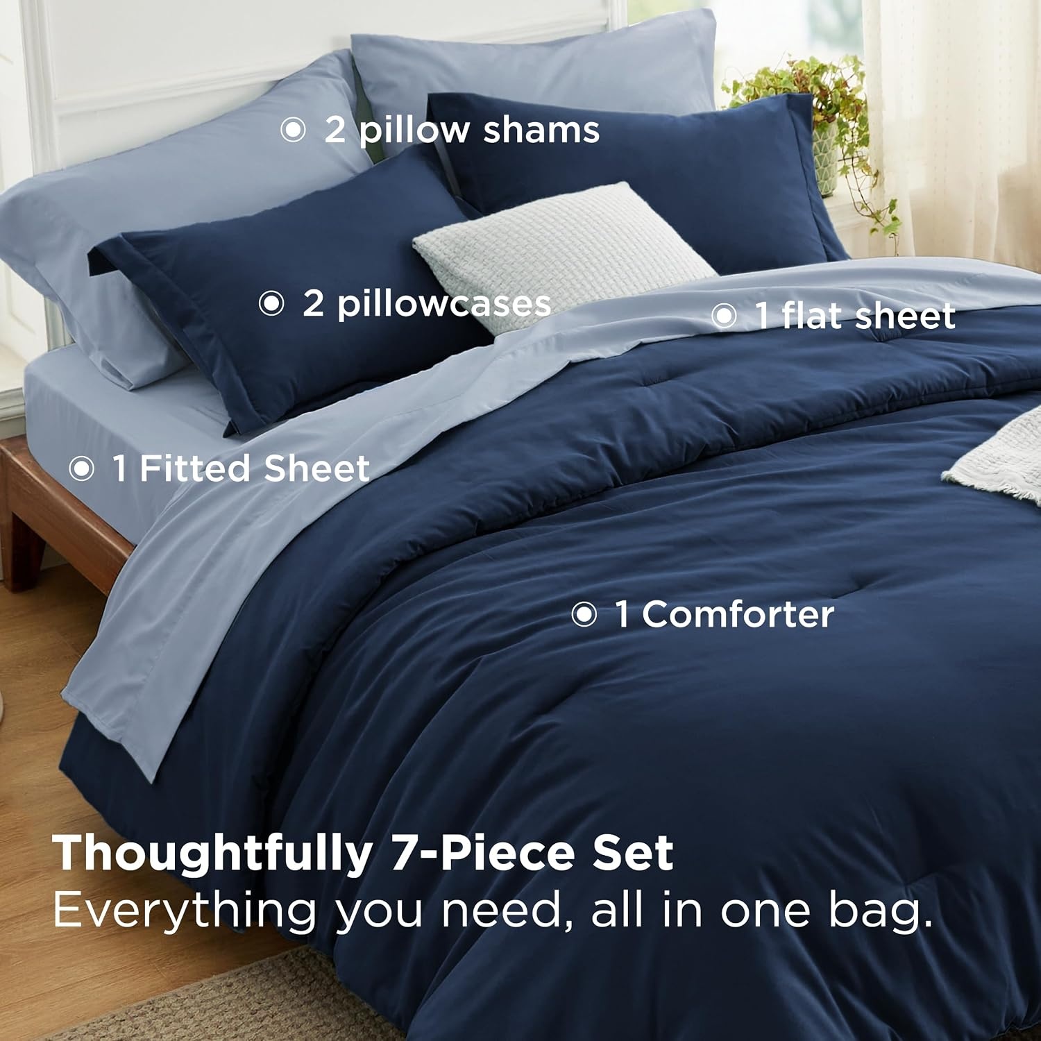 image:imageBedsure Queen Bed in a Bag Sage Green Comforter Set DualTone 7 Pieces Bedding Set All Seasons Contrasting Design Reversible Soft Modern with Sheets Breathable Bed Set 909005 Navy BlueAshley Blue