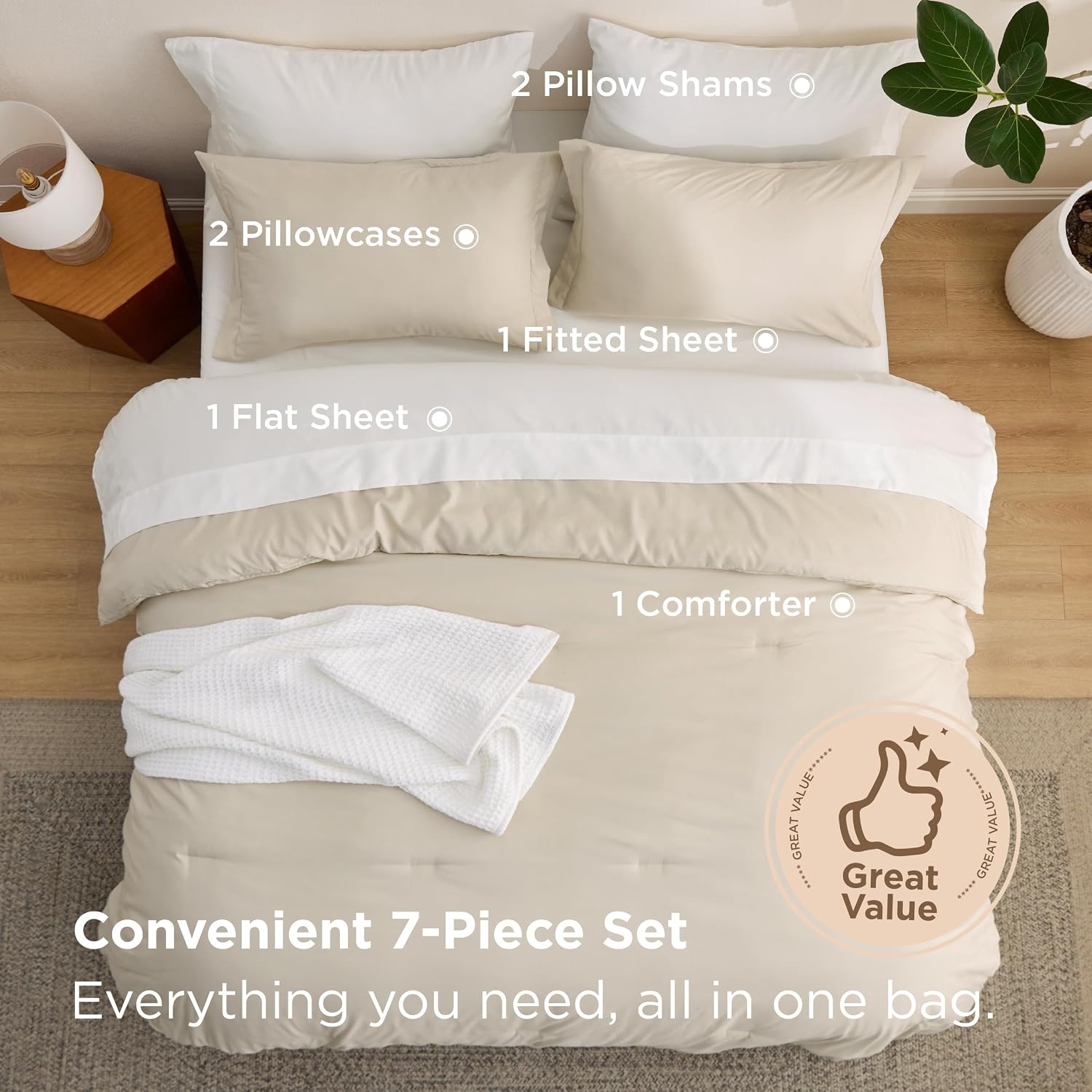 image:imageBedsure Queen Bed in a Bag Sage Green Comforter Set DualTone 7 Pieces Bedding Set All Seasons Contrasting Design Reversible Soft Modern with Sheets Breathable Bed Set 909002 BeigeWhite