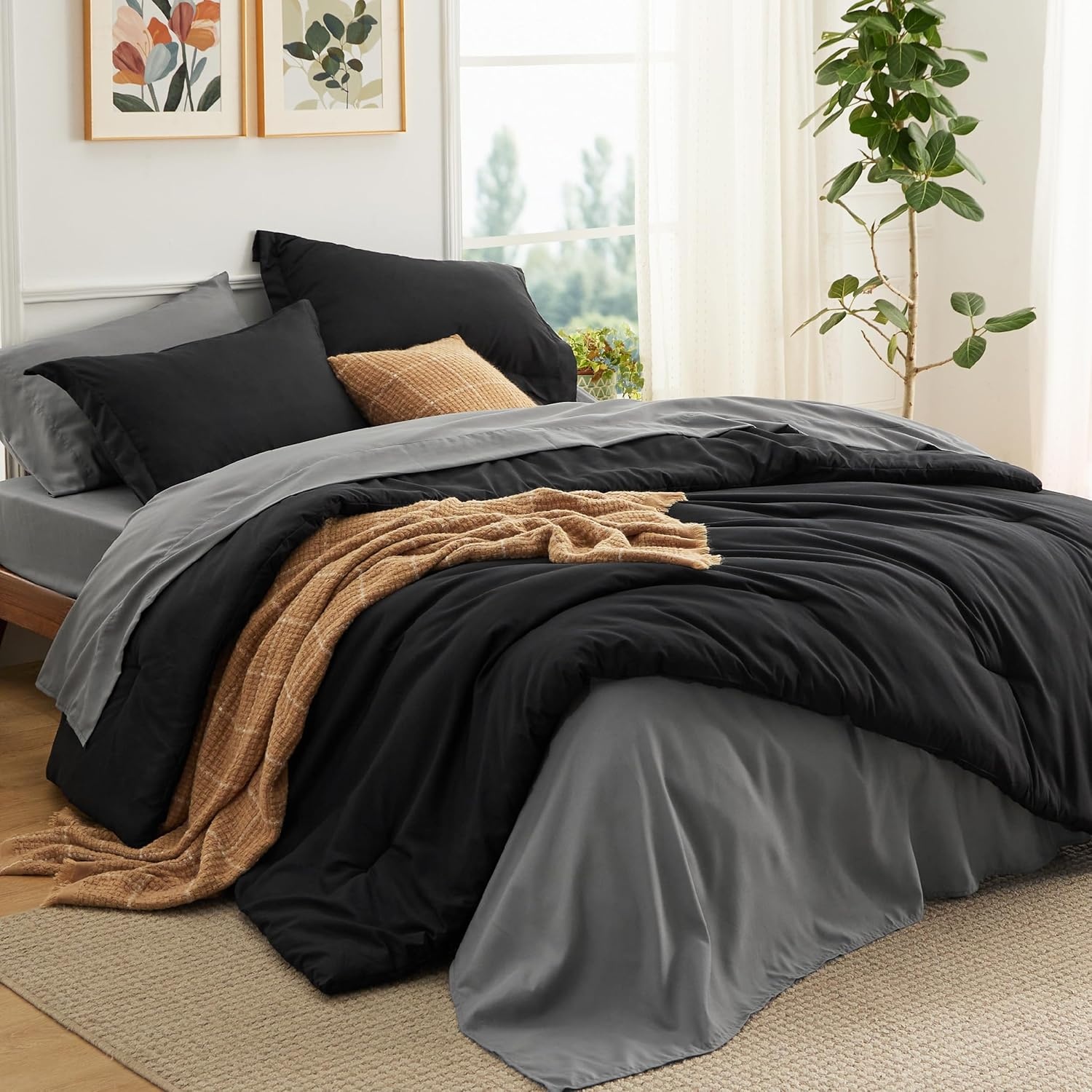 image:imageBedsure Queen Bed in a Bag Sage Green Comforter Set DualTone 7 Pieces Bedding Set All Seasons Contrasting Design Reversible Soft Modern with Sheets Breathable Bed Set 909006 BlackDark Grey