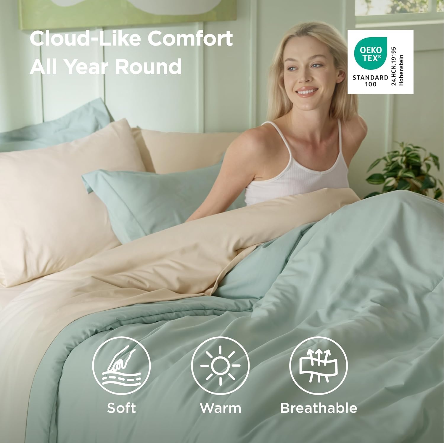 image:imageBedsure Queen Bed in a Bag Sage Green Comforter Set DualTone 7 Pieces Bedding Set All Seasons Contrasting Design Reversible Soft Modern with Sheets Breathable Bed Set 909001 Sage GreenBeige
