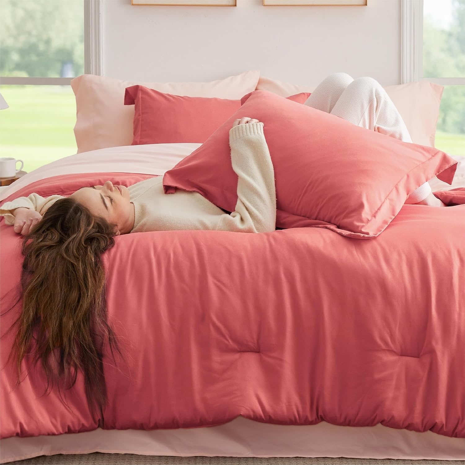 image:imageBedsure Queen Bed in a Bag Sage Green Comforter Set DualTone 7 Pieces Bedding Set All Seasons Contrasting Design Reversible Soft Modern with Sheets Breathable Bed Set 909013 CoralPink