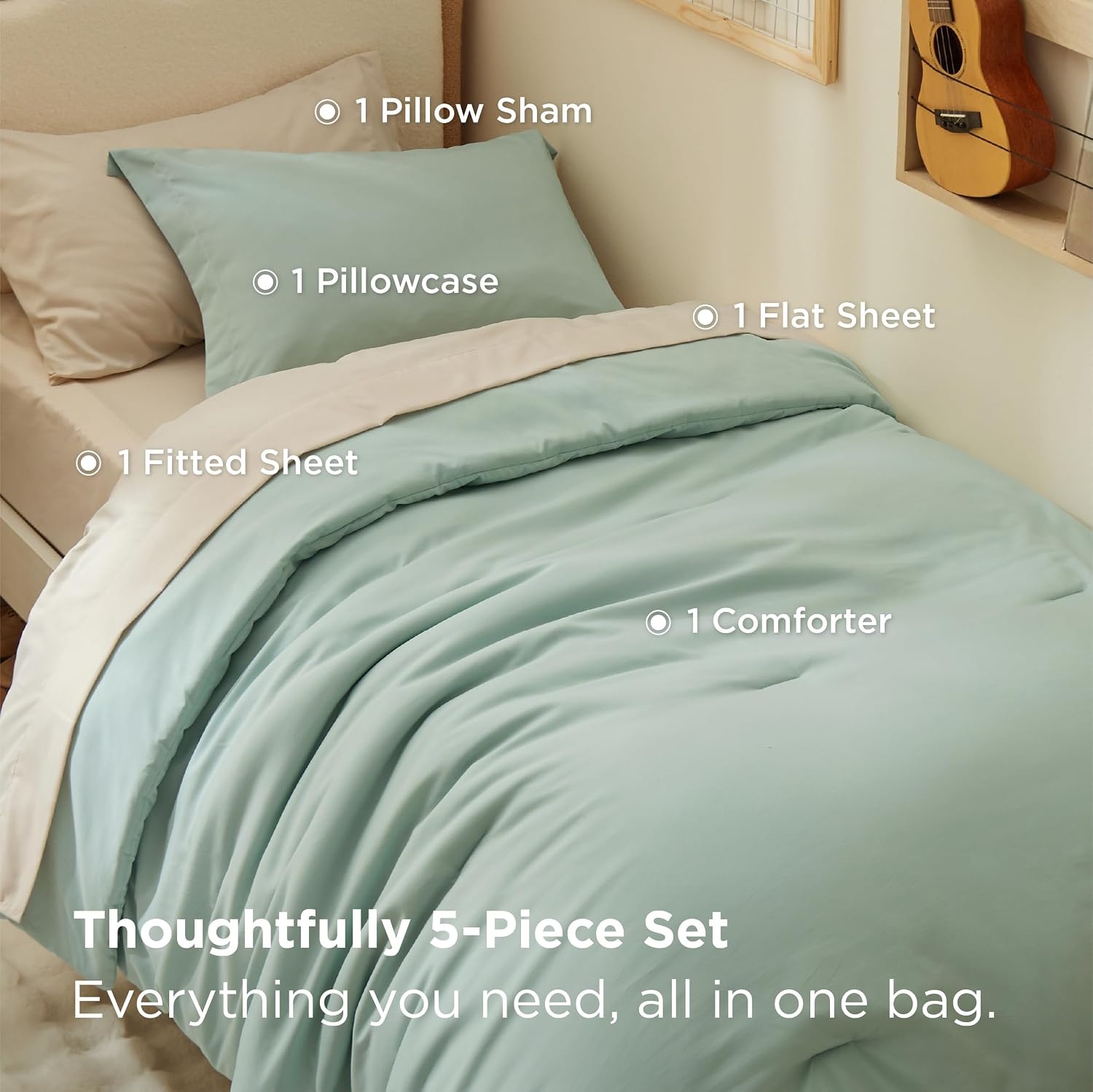 image:imageBedsure Queen Bed in a Bag Sage Green Comforter Set DualTone 7 Pieces Bedding Set All Seasons Contrasting Design Reversible Soft Modern with Sheets Breathable Bed Set 909001 Sage GreenBeige