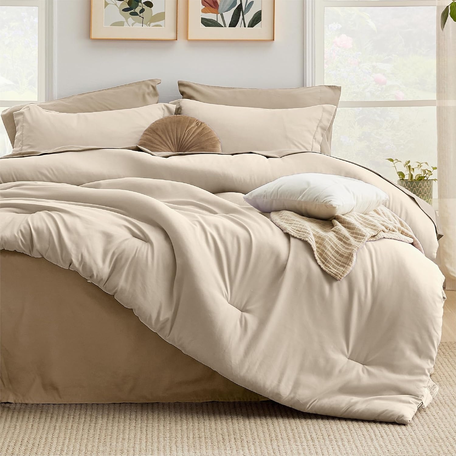 image:imageBedsure Queen Bed in a Bag Sage Green Comforter Set DualTone 7 Pieces Bedding Set All Seasons Contrasting Design Reversible Soft Modern with Sheets Breathable Bed Set 909016 Light BeigeKhaki