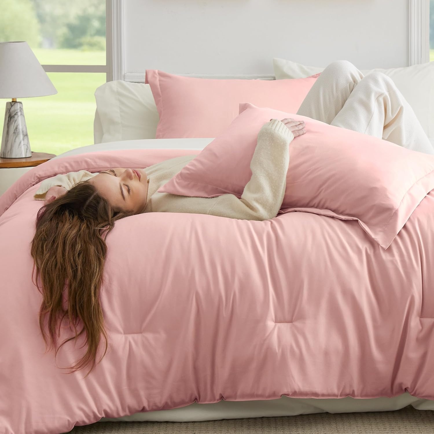 image:imageBedsure Queen Bed in a Bag Sage Green Comforter Set DualTone 7 Pieces Bedding Set All Seasons Contrasting Design Reversible Soft Modern with Sheets Breathable Bed Set 909014 Light PinkIvory