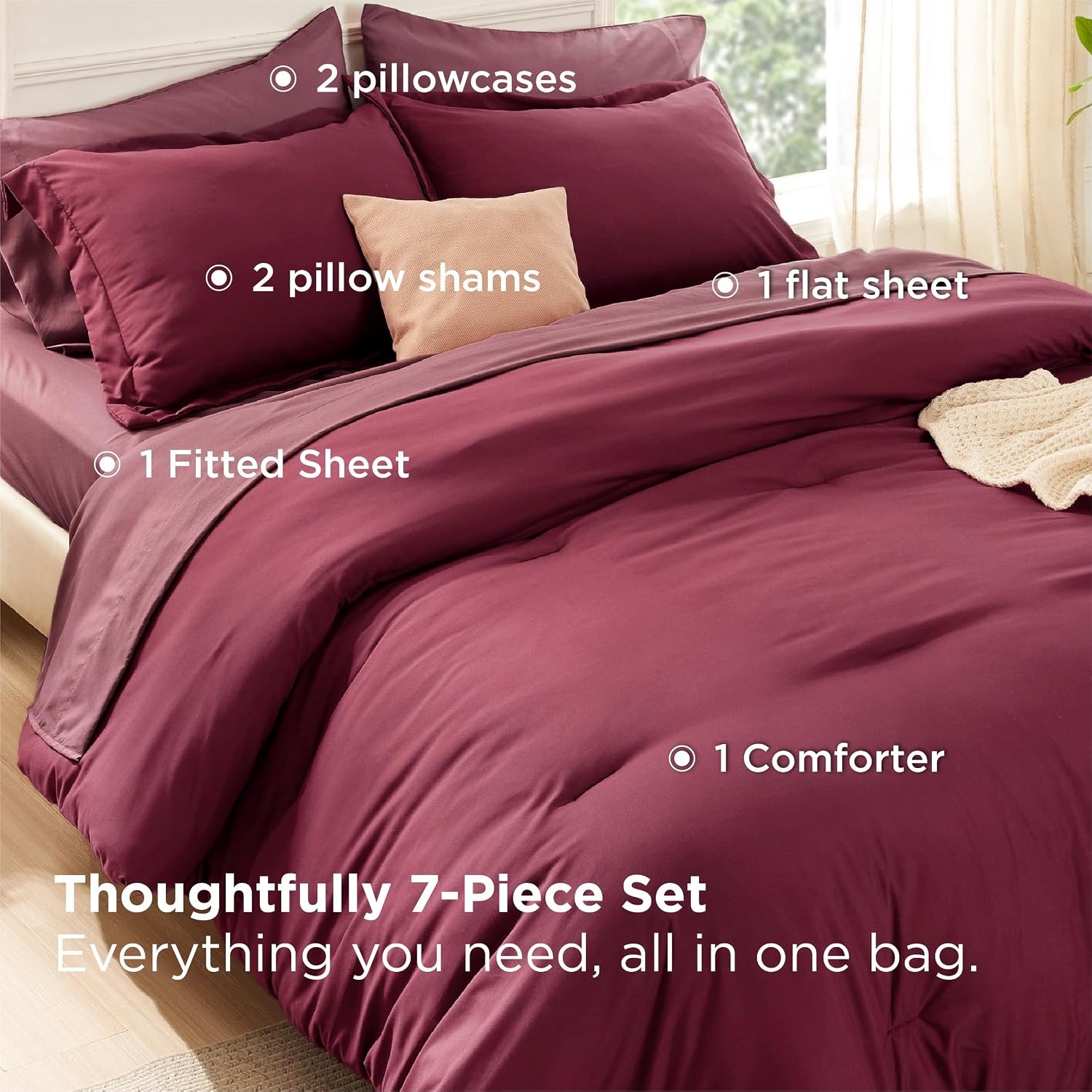 image:imageBedsure Queen Bed in a Bag Sage Green Comforter Set DualTone 7 Pieces Bedding Set All Seasons Contrasting Design Reversible Soft Modern with Sheets Breathable Bed Set 909012 BurgundyRoan Rouge