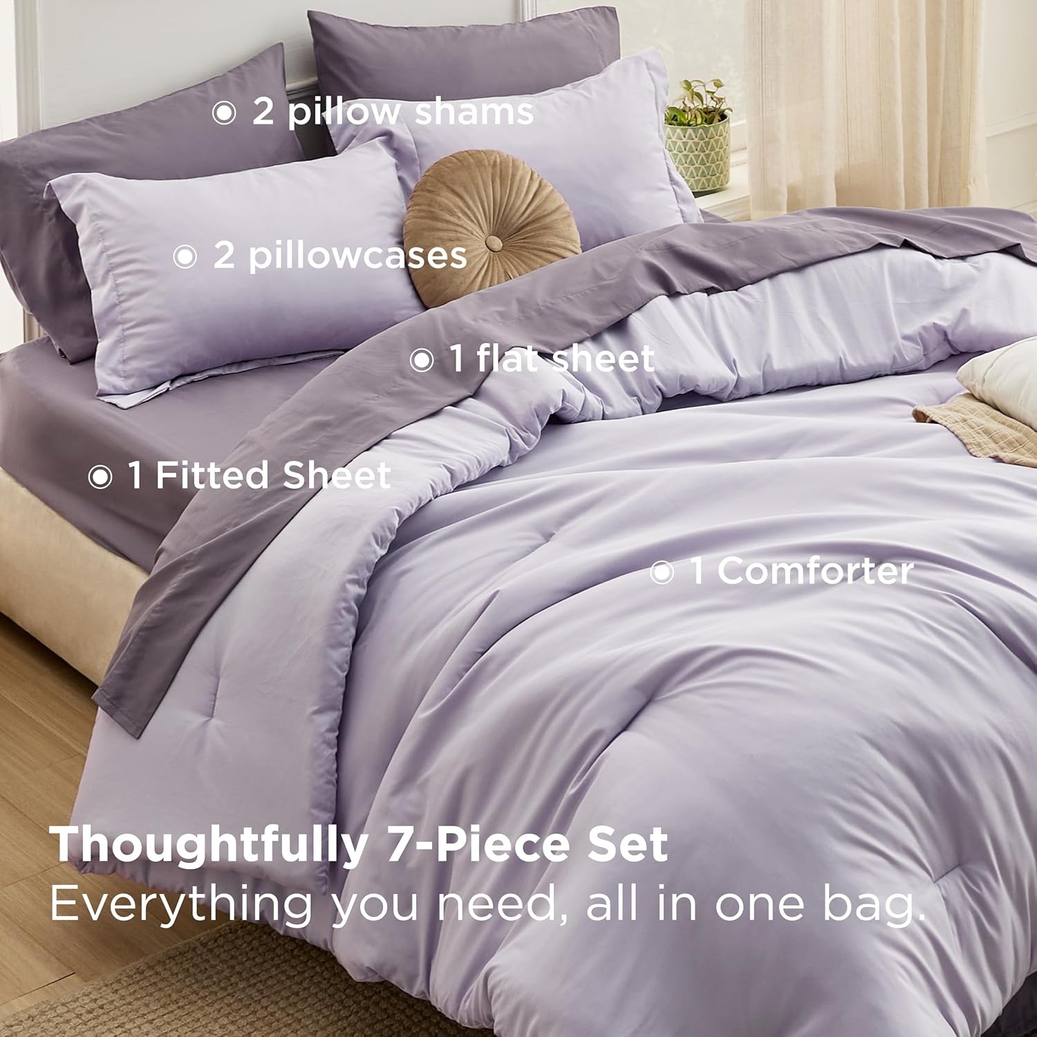 image:imageBedsure Queen Bed in a Bag Sage Green Comforter Set DualTone 7 Pieces Bedding Set All Seasons Contrasting Design Reversible Soft Modern with Sheets Breathable Bed Set 909009 LavenderGrayish Purple