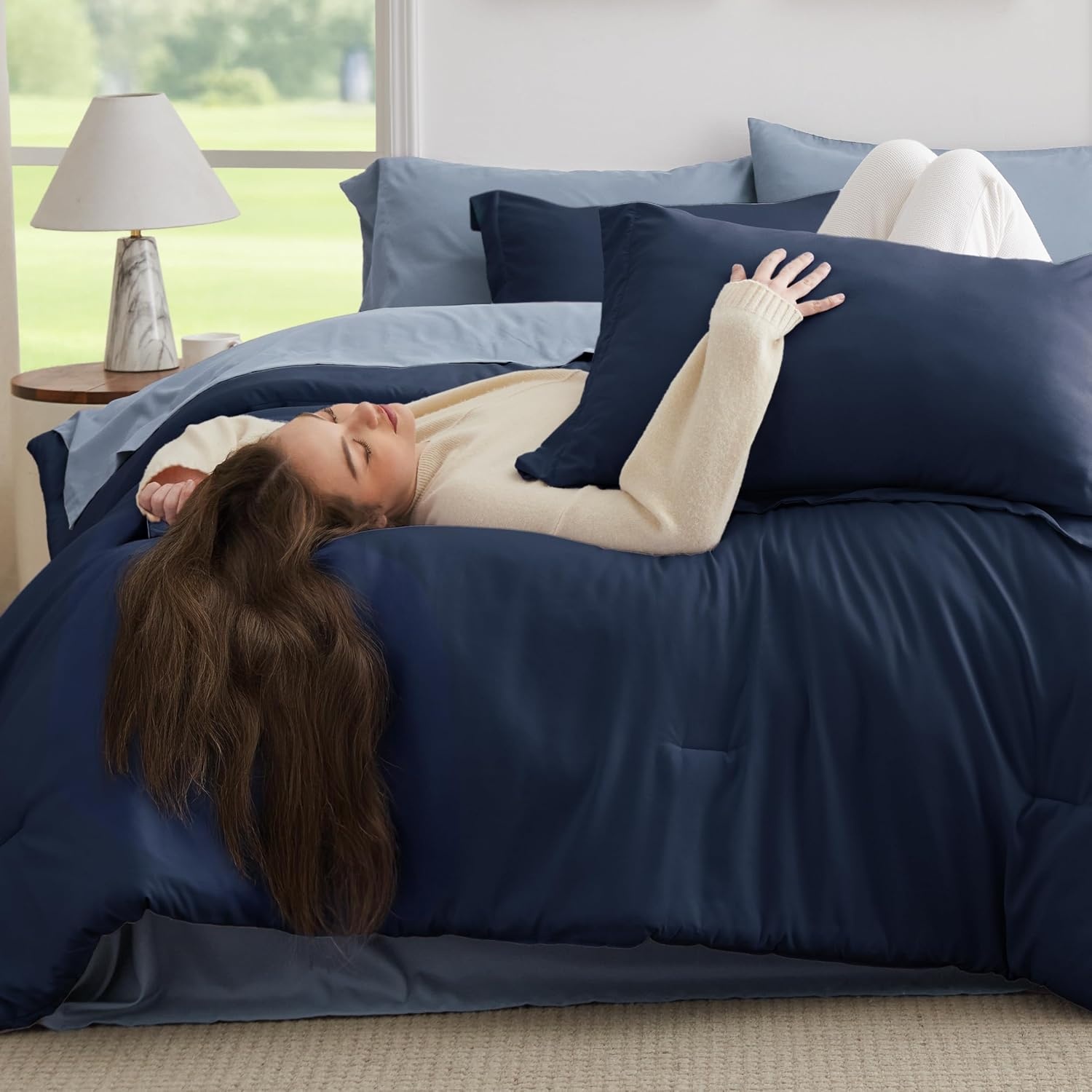 image:imageBedsure Queen Bed in a Bag Sage Green Comforter Set DualTone 7 Pieces Bedding Set All Seasons Contrasting Design Reversible Soft Modern with Sheets Breathable Bed Set 909005 Navy BlueAshley Blue