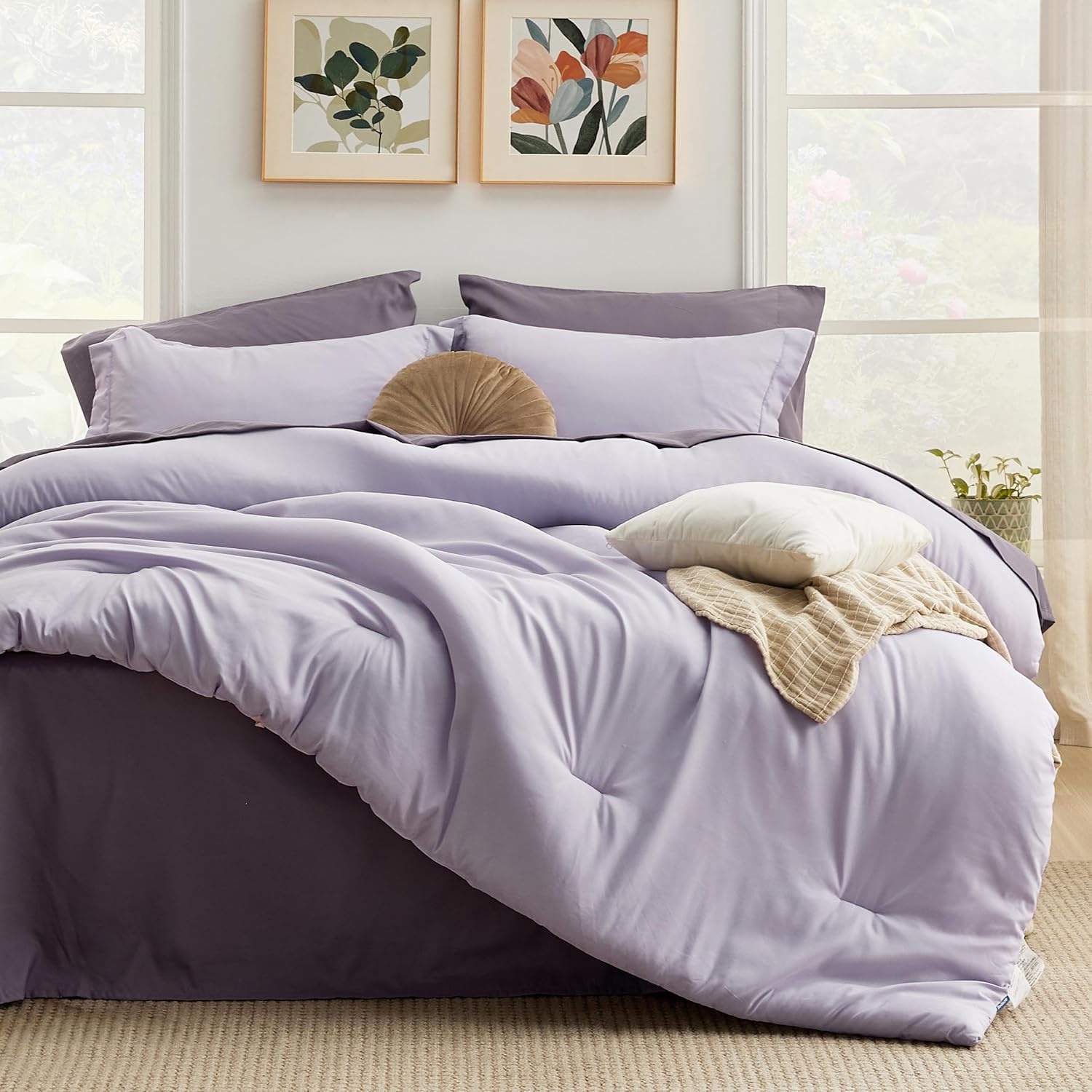 image:imageBedsure Queen Bed in a Bag Sage Green Comforter Set DualTone 7 Pieces Bedding Set All Seasons Contrasting Design Reversible Soft Modern with Sheets Breathable Bed Set 909009 LavenderGrayish Purple