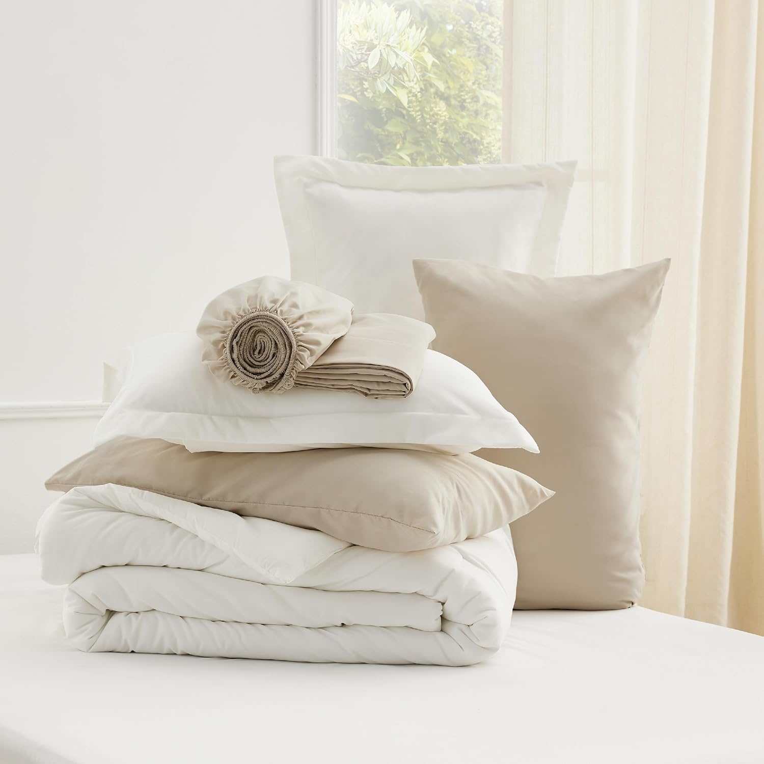 image:imageBedsure Queen Bed in a Bag Sage Green Comforter Set DualTone 7 Pieces Bedding Set All Seasons Contrasting Design Reversible Soft Modern with Sheets Breathable Bed Set 909003 WhiteBeige
