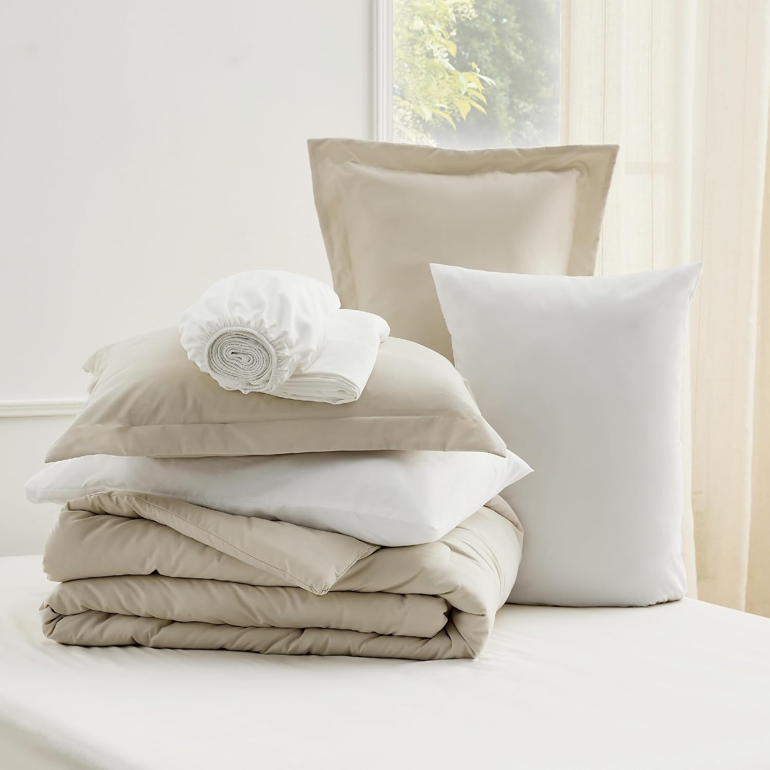 image:imageBedsure Queen Bed in a Bag Sage Green Comforter Set DualTone 7 Pieces Bedding Set All Seasons Contrasting Design Reversible Soft Modern with Sheets Breathable Bed Set 909002 BeigeWhite