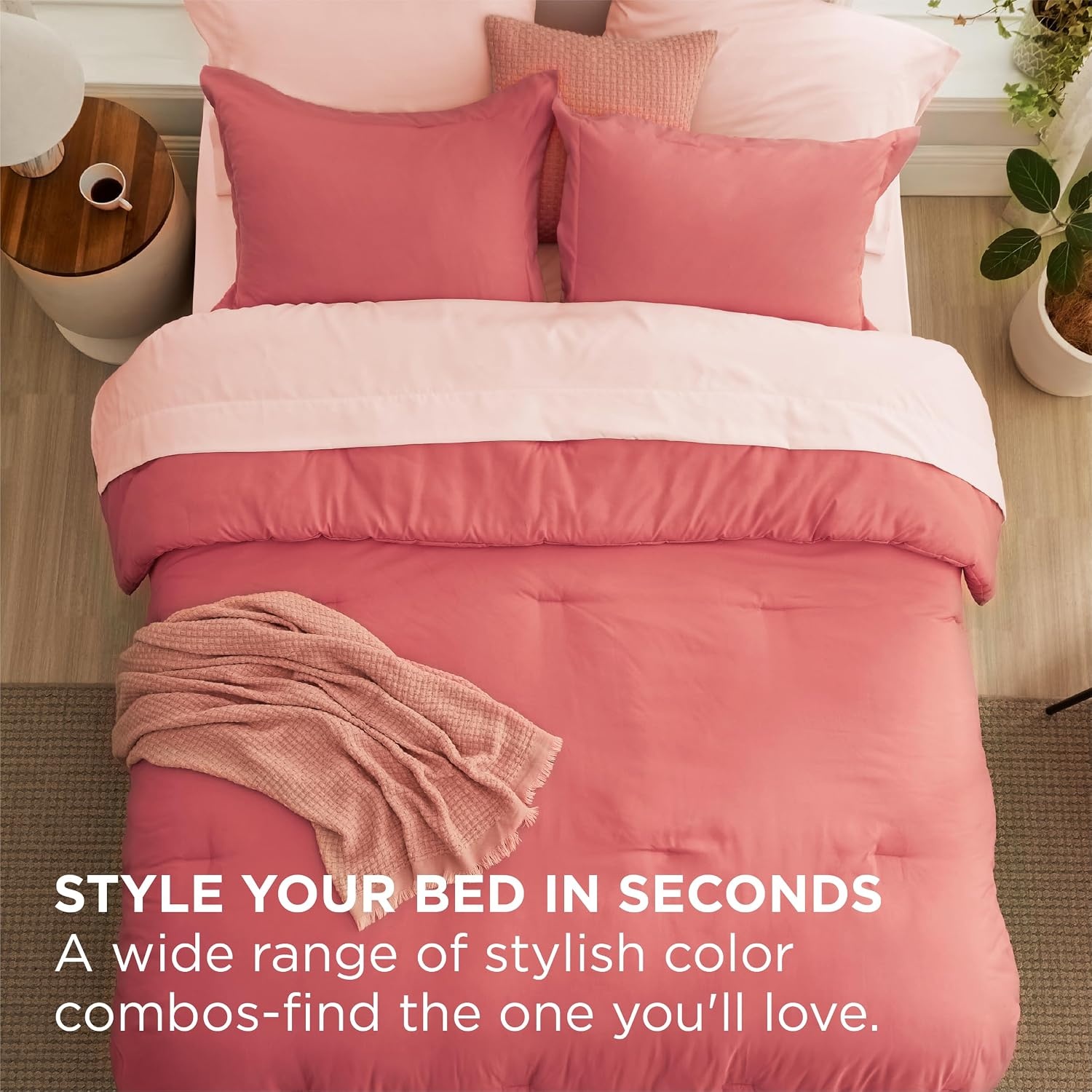image:imageBedsure Queen Bed in a Bag Sage Green Comforter Set DualTone 7 Pieces Bedding Set All Seasons Contrasting Design Reversible Soft Modern with Sheets Breathable Bed Set 909013 CoralPink