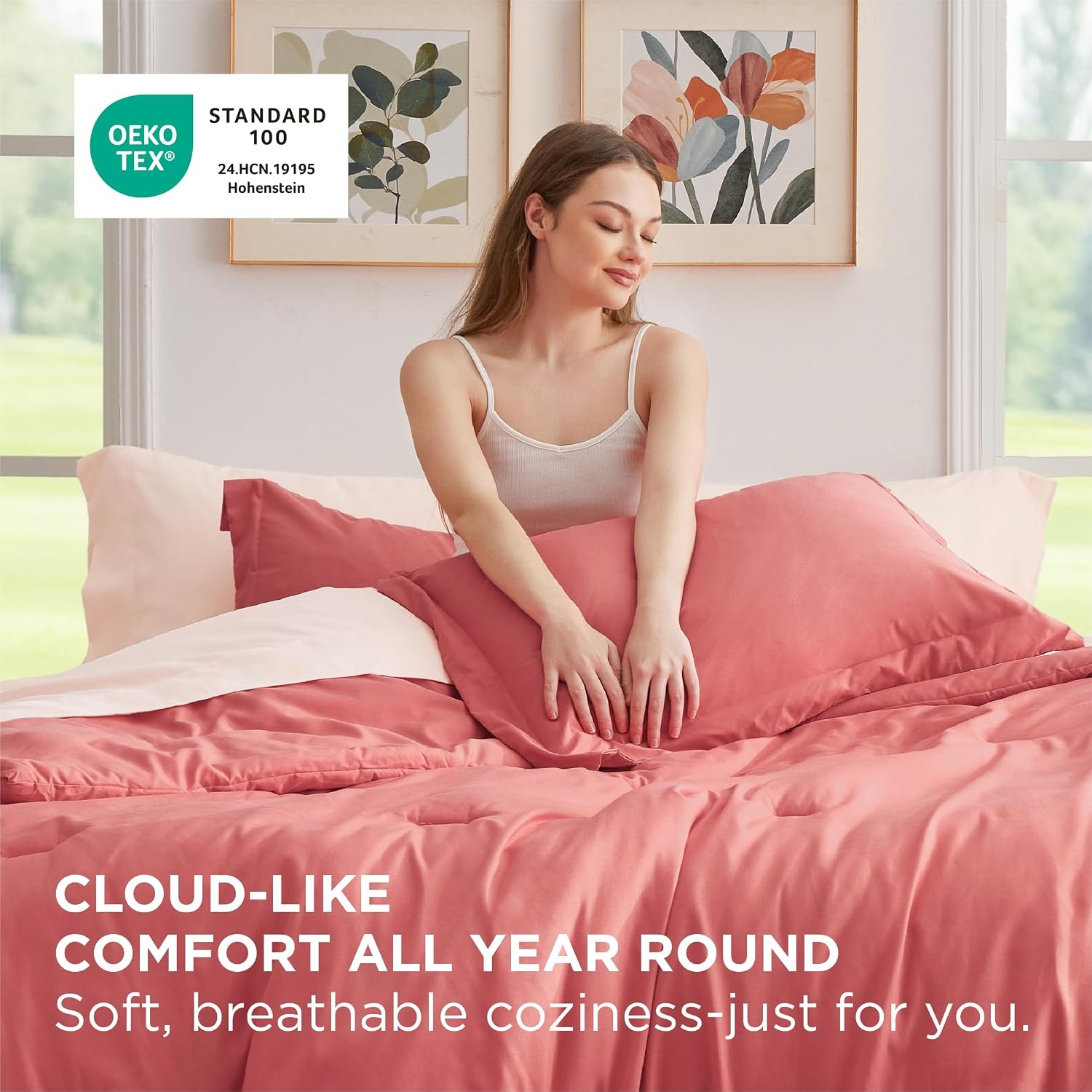 image:imageBedsure Queen Bed in a Bag Sage Green Comforter Set DualTone 7 Pieces Bedding Set All Seasons Contrasting Design Reversible Soft Modern with Sheets Breathable Bed Set 909013 CoralPink