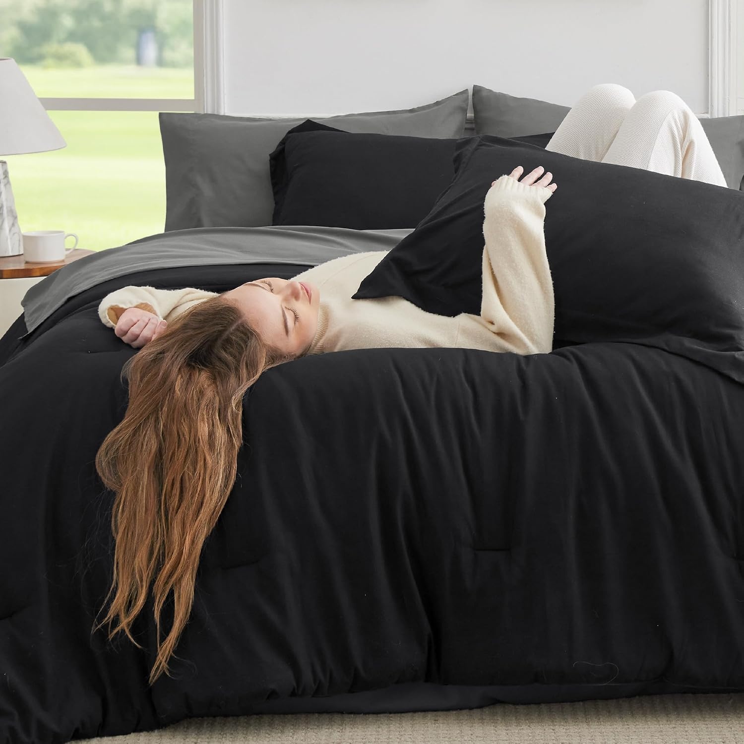 image:imageBedsure Queen Bed in a Bag Sage Green Comforter Set DualTone 7 Pieces Bedding Set All Seasons Contrasting Design Reversible Soft Modern with Sheets Breathable Bed Set 909006 BlackDark Grey
