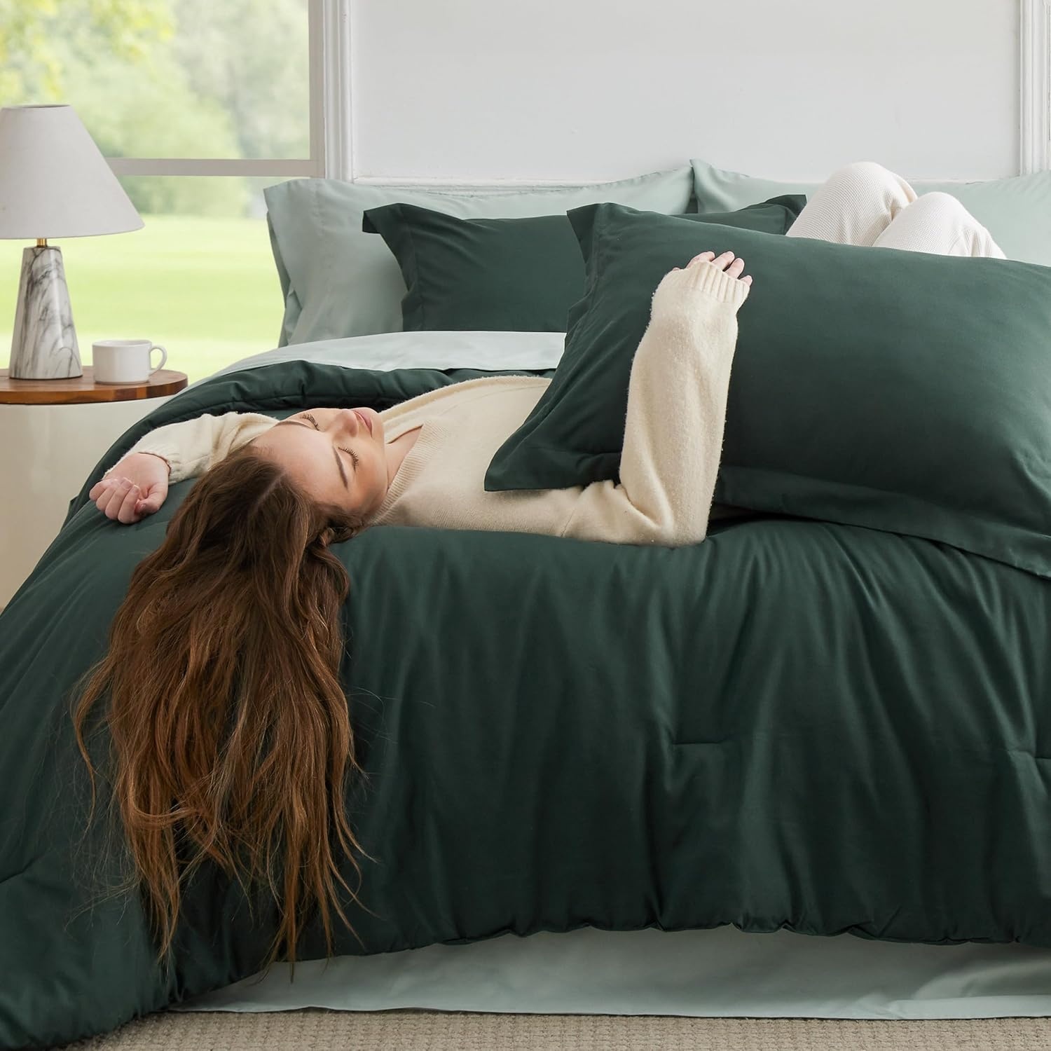 image:imageBedsure Queen Bed in a Bag Sage Green Comforter Set DualTone 7 Pieces Bedding Set All Seasons Contrasting Design Reversible Soft Modern with Sheets Breathable Bed Set 909007 Forest GreenSage Green