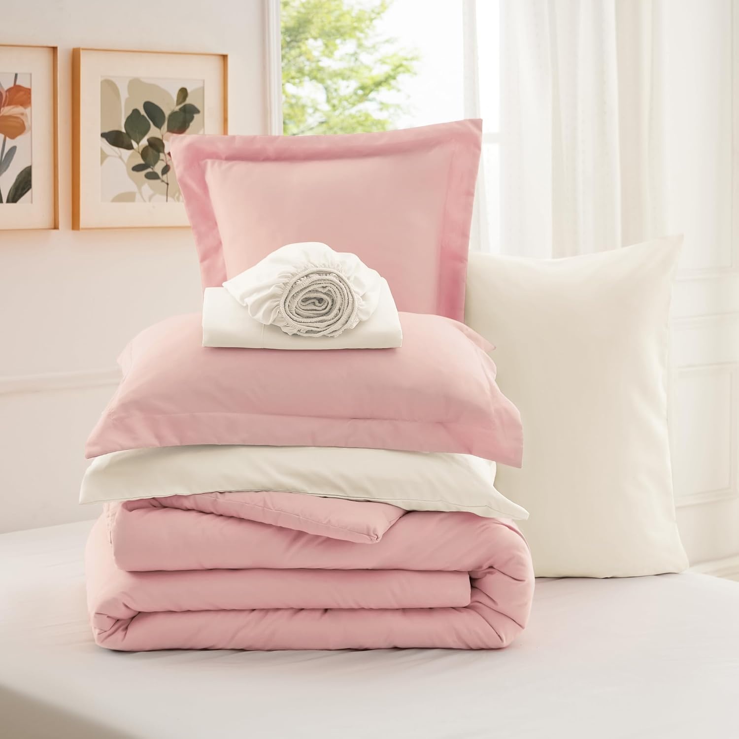 image:imageBedsure Queen Bed in a Bag Sage Green Comforter Set DualTone 7 Pieces Bedding Set All Seasons Contrasting Design Reversible Soft Modern with Sheets Breathable Bed Set 909014 Light PinkIvory