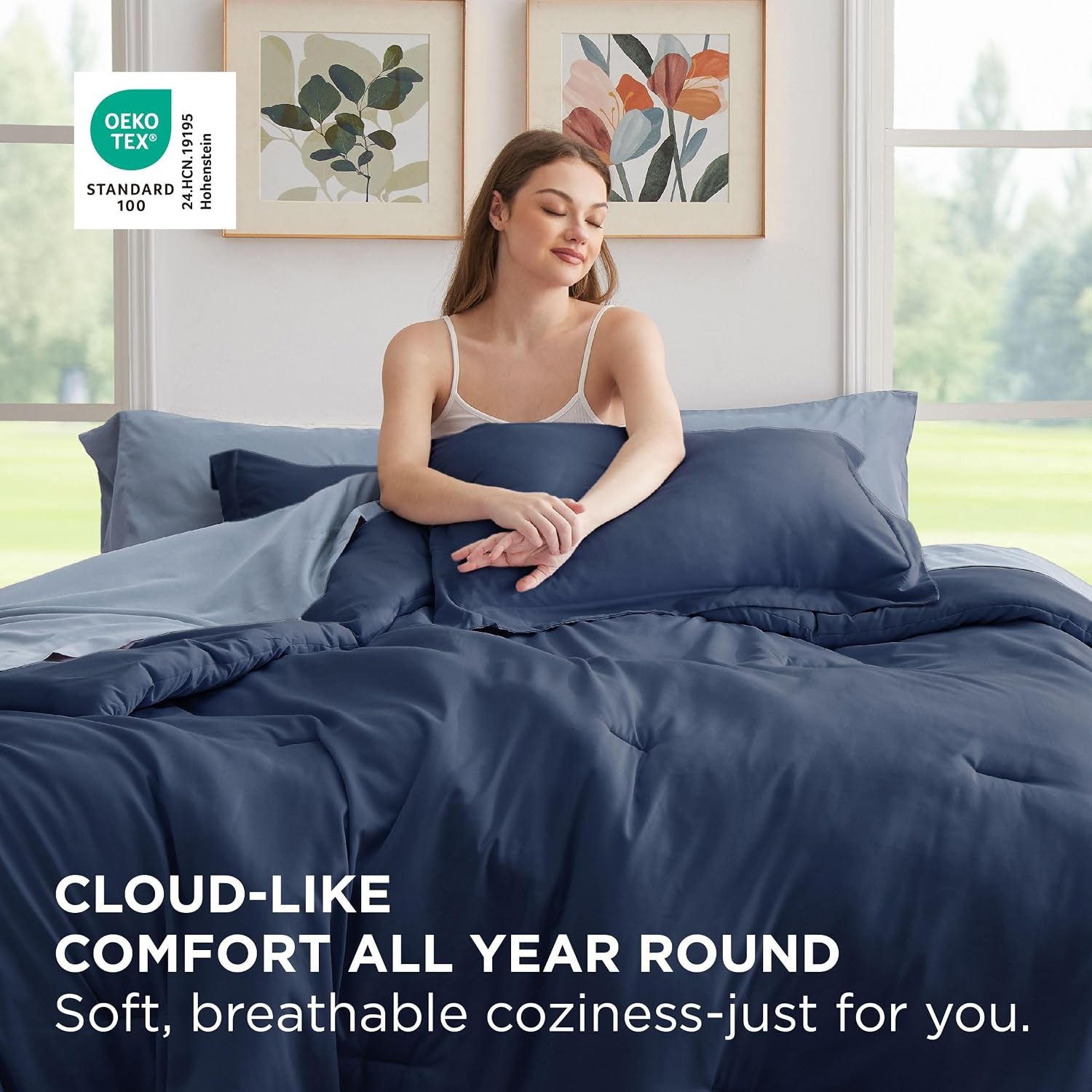 image:imageBedsure Queen Bed in a Bag Sage Green Comforter Set DualTone 7 Pieces Bedding Set All Seasons Contrasting Design Reversible Soft Modern with Sheets Breathable Bed Set 909005 Navy BlueAshley Blue