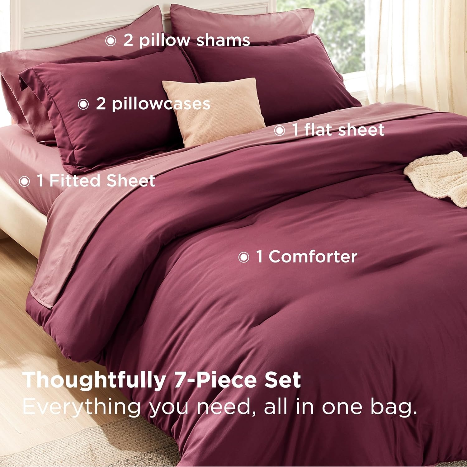 image:imageBedsure Queen Bed in a Bag Sage Green Comforter Set DualTone 7 Pieces Bedding Set All Seasons Contrasting Design Reversible Soft Modern with Sheets Breathable Bed Set 909012 BurgundyRoan Rouge
