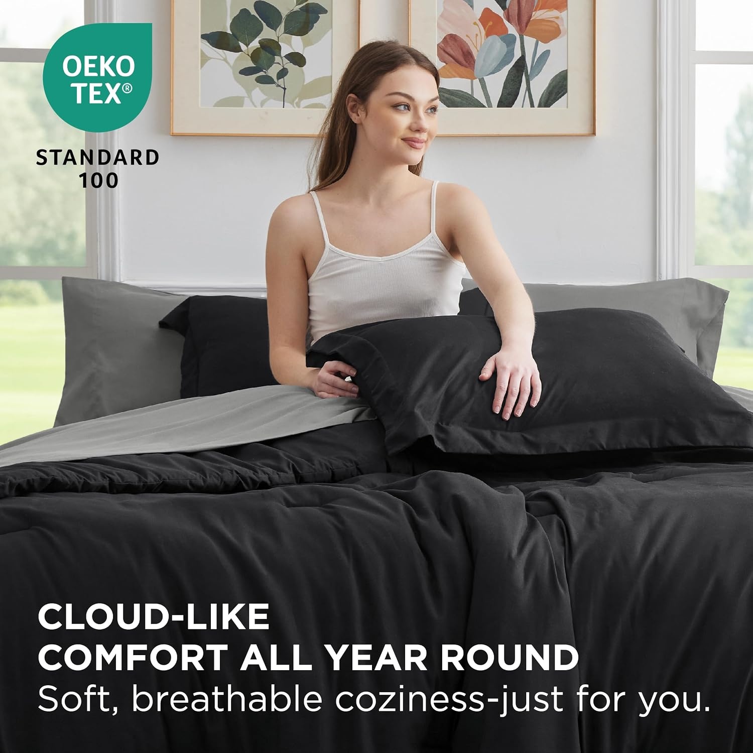 image:imageBedsure Queen Bed in a Bag Sage Green Comforter Set DualTone 7 Pieces Bedding Set All Seasons Contrasting Design Reversible Soft Modern with Sheets Breathable Bed Set 909006 BlackDark Grey