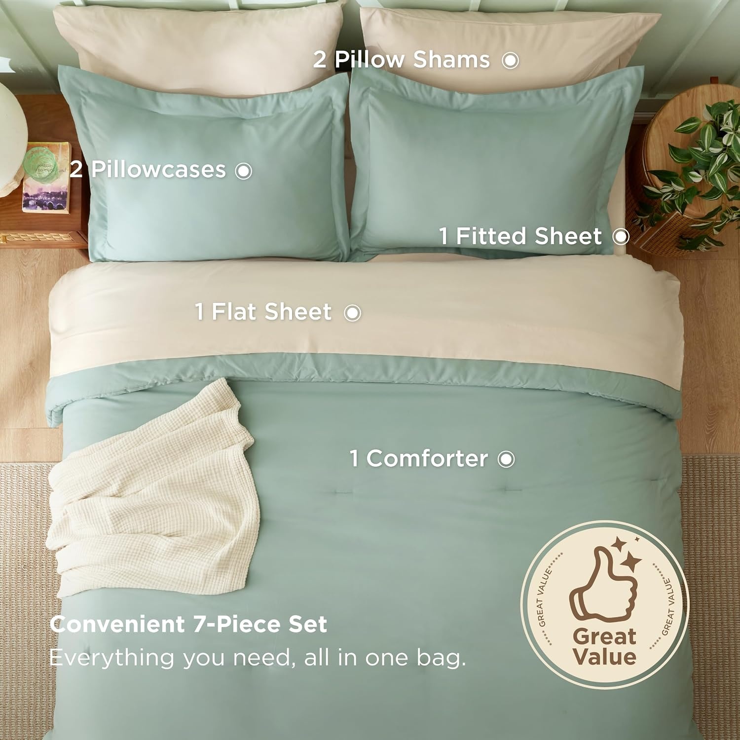 image:imageBedsure Queen Bed in a Bag Sage Green Comforter Set DualTone 7 Pieces Bedding Set All Seasons Contrasting Design Reversible Soft Modern with Sheets Breathable Bed Set 909001 Sage GreenBeige