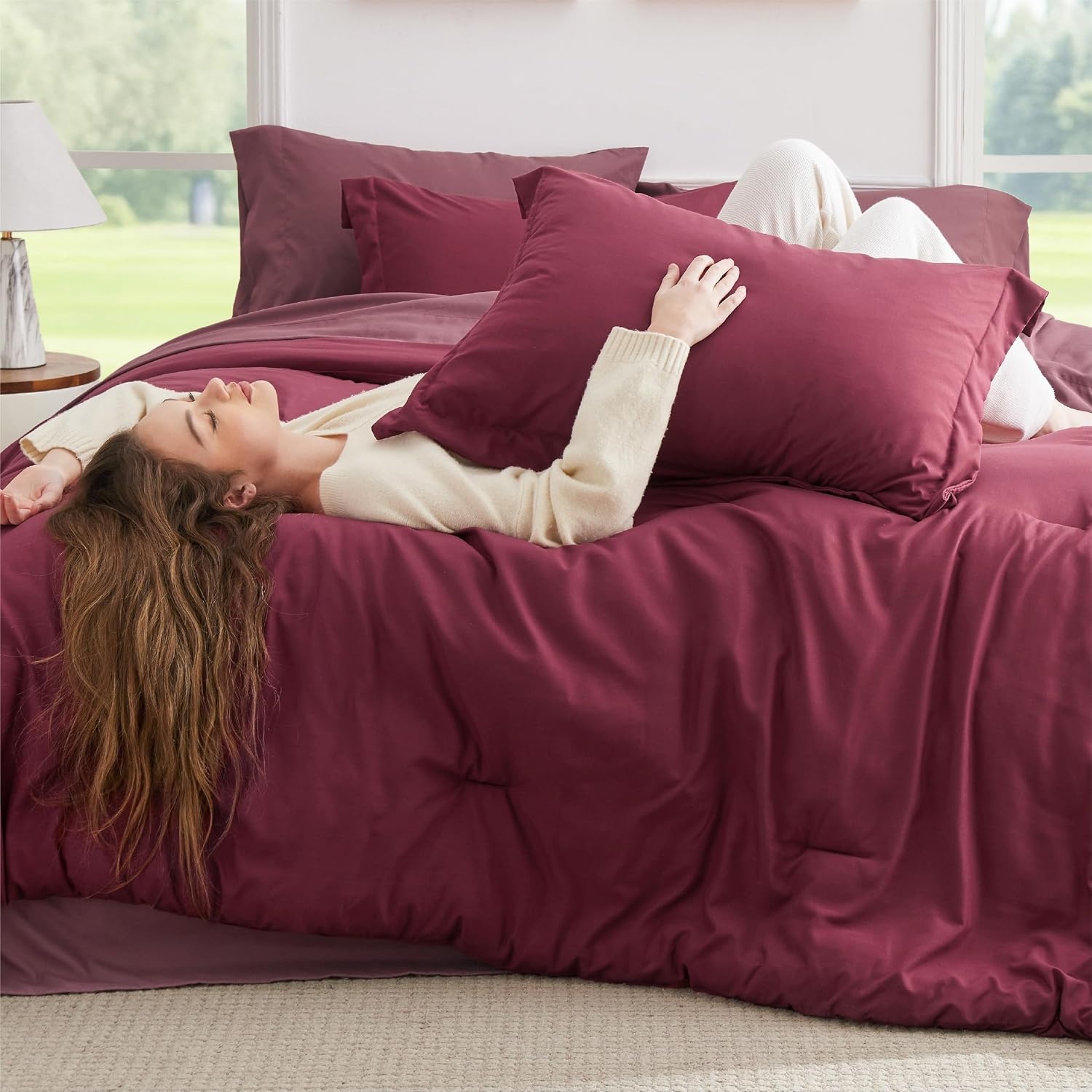 image:imageBedsure Queen Bed in a Bag Sage Green Comforter Set DualTone 7 Pieces Bedding Set All Seasons Contrasting Design Reversible Soft Modern with Sheets Breathable Bed Set 909012 BurgundyRoan Rouge