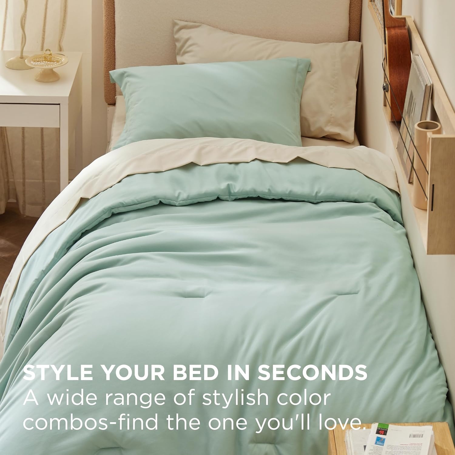 image:imageBedsure Queen Bed in a Bag Sage Green Comforter Set DualTone 7 Pieces Bedding Set All Seasons Contrasting Design Reversible Soft Modern with Sheets Breathable Bed Set 909001 Sage GreenBeige