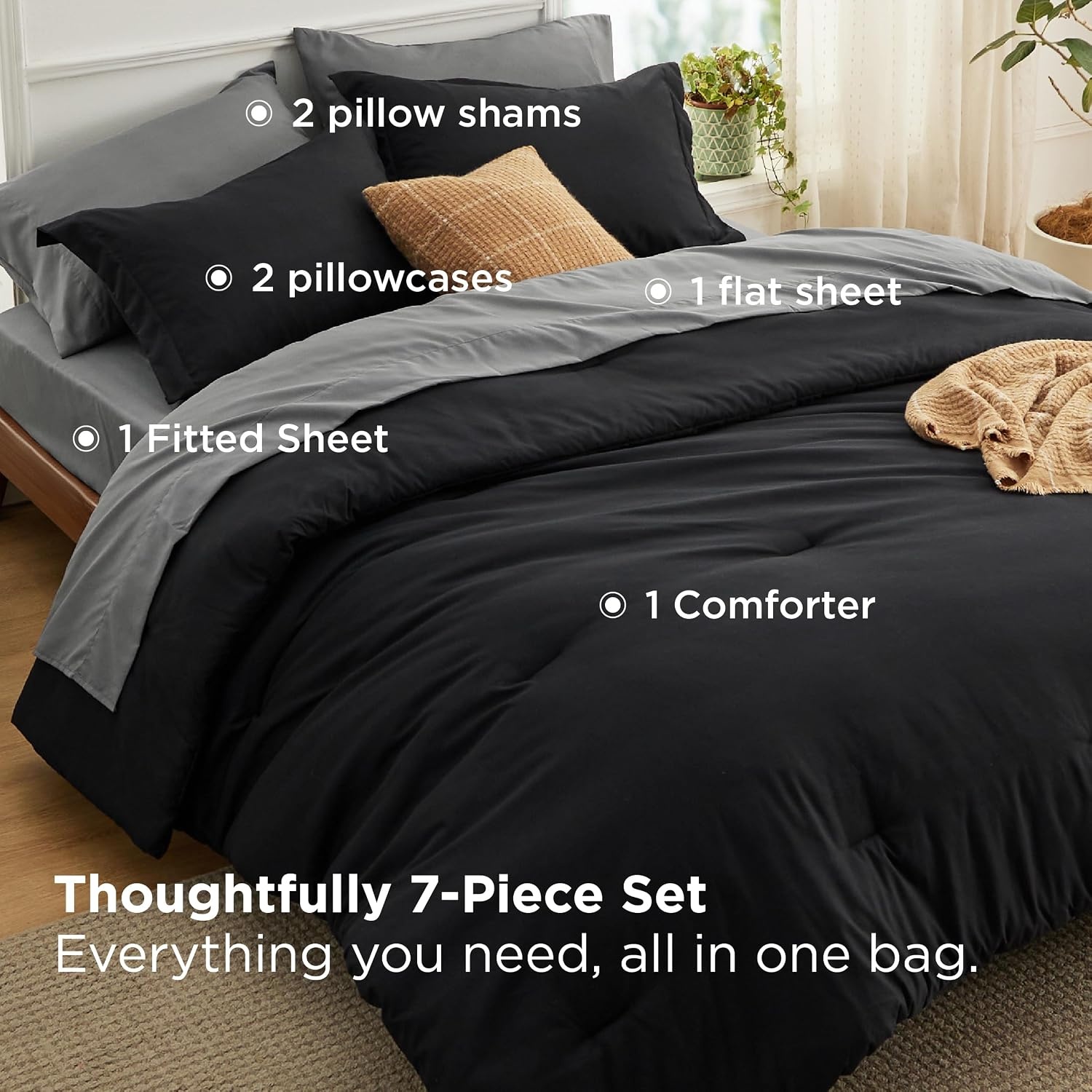 image:imageBedsure Queen Bed in a Bag Sage Green Comforter Set DualTone 7 Pieces Bedding Set All Seasons Contrasting Design Reversible Soft Modern with Sheets Breathable Bed Set 909006 BlackDark Grey