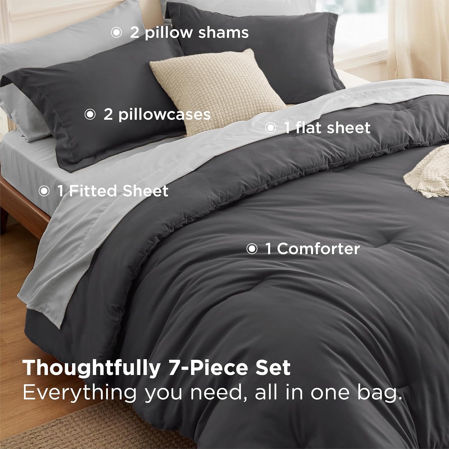 image:imageBedsure Queen Bed in a Bag Sage Green Comforter Set DualTone 7 Pieces Bedding Set All Seasons Contrasting Design Reversible Soft Modern with Sheets Breathable Bed Set 909015 Dark GreyGrey