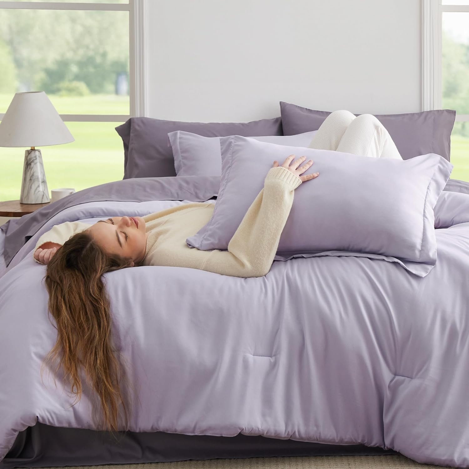 image:imageBedsure Queen Bed in a Bag Sage Green Comforter Set DualTone 7 Pieces Bedding Set All Seasons Contrasting Design Reversible Soft Modern with Sheets Breathable Bed Set 909009 LavenderGrayish Purple