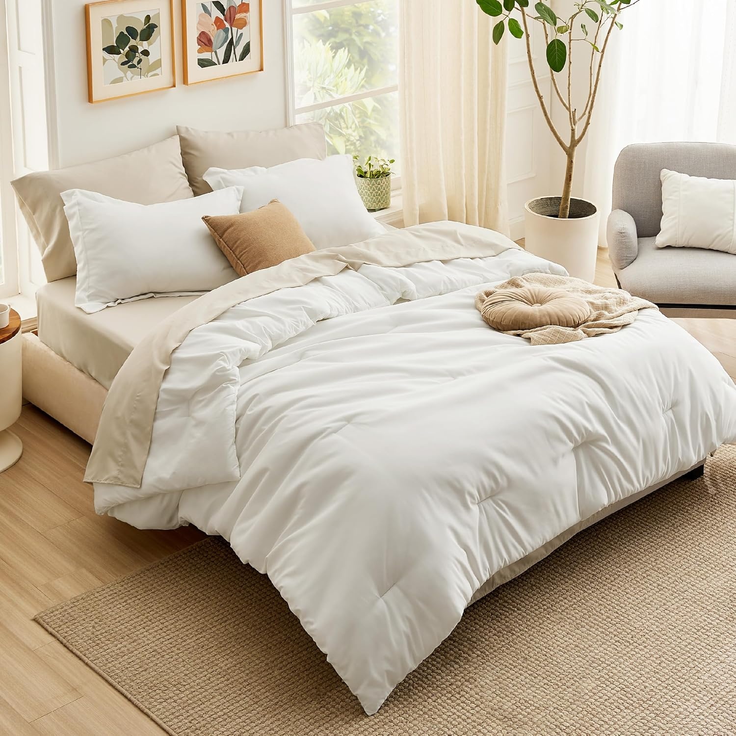 image:imageBedsure Queen Bed in a Bag Sage Green Comforter Set DualTone 7 Pieces Bedding Set All Seasons Contrasting Design Reversible Soft Modern with Sheets Breathable Bed Set 909003 WhiteBeige