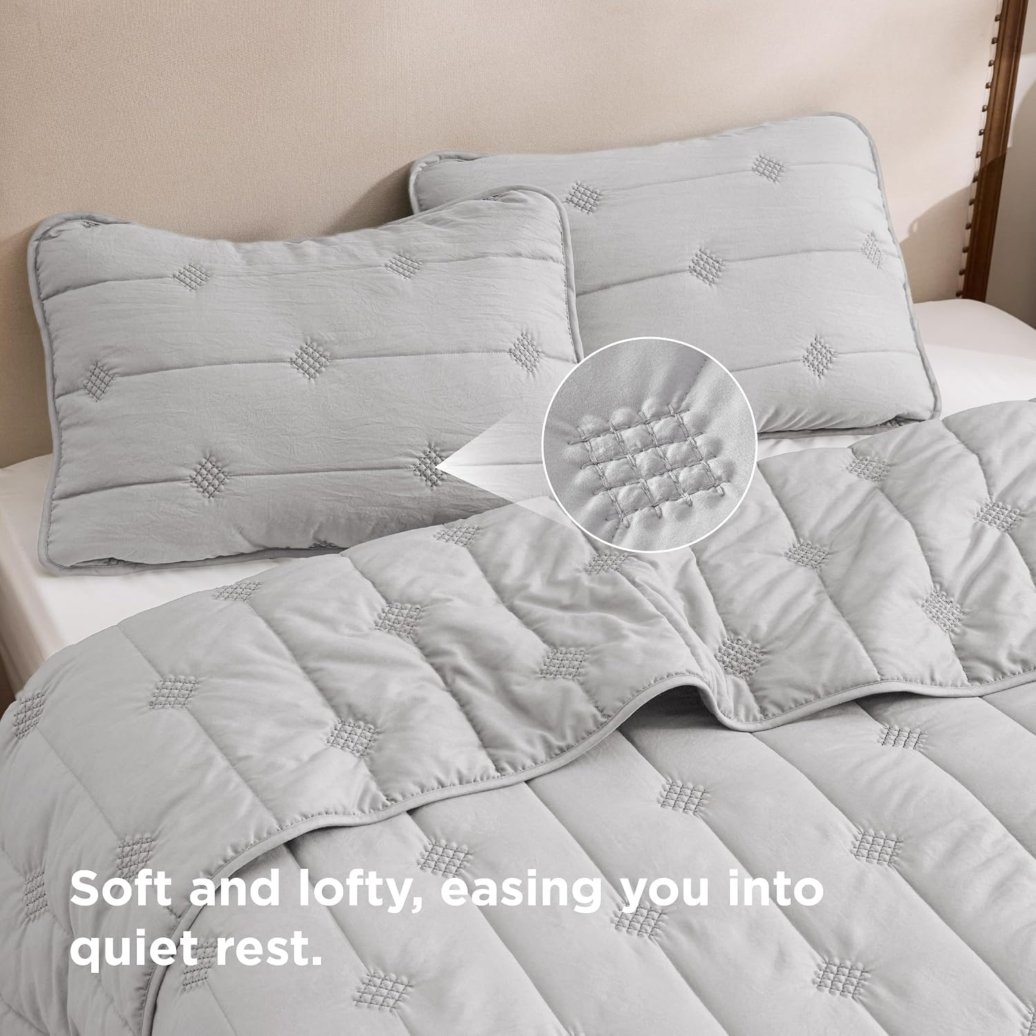image:imageBedsure Queen Quilt Prewashed Extra Soft CottonLike Polyester Quilts Queen Size Lightweight Comforter Includes 1 Quilt 90x96 Inches with 2 Shams Machine Washable Dark Green02 Light Grey