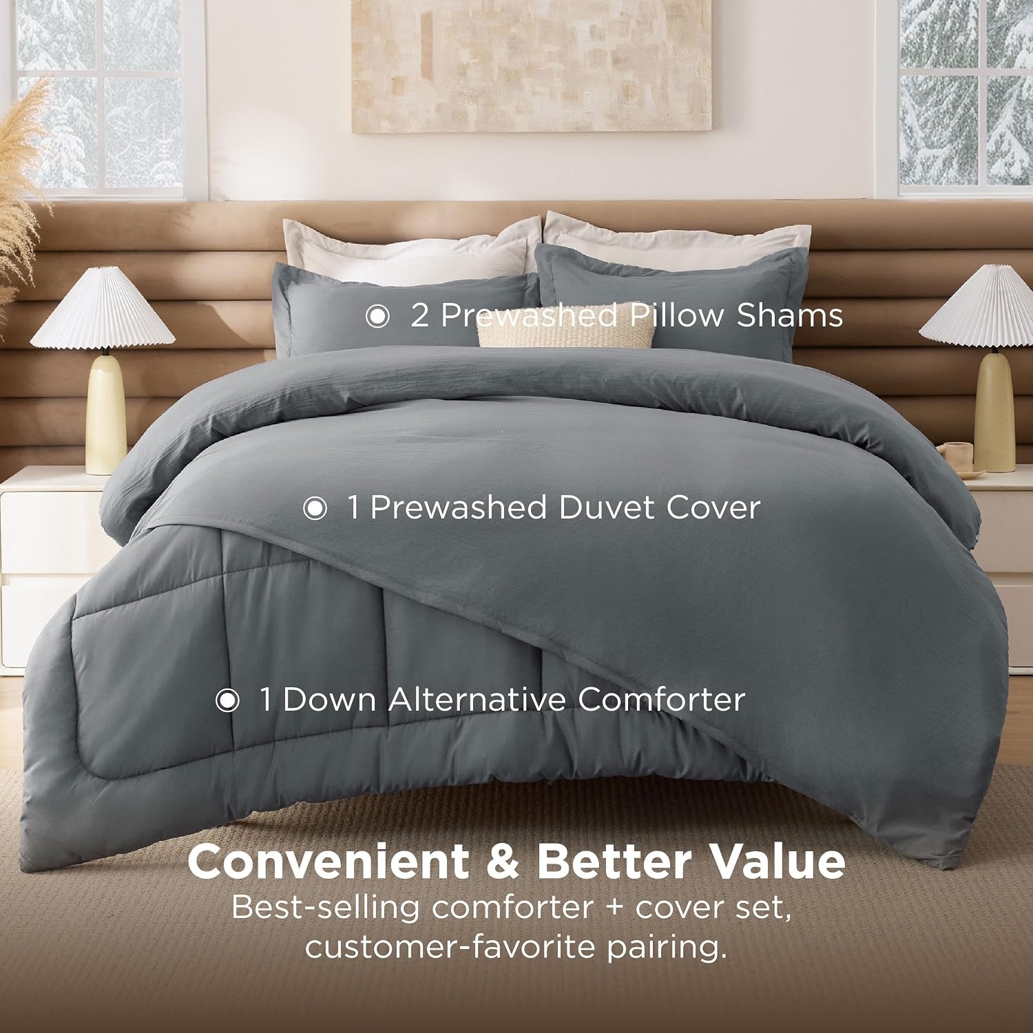 image:imageBedsure White Comforter Cover Queen Size Breathable Mellow Marshmallow Comforter 4 Pieces Prewashed Soft Bedding Set for All Seasons Use Includes 1 Duvet Cover 1 Comforter 2 Pillow ShamsDark Gray