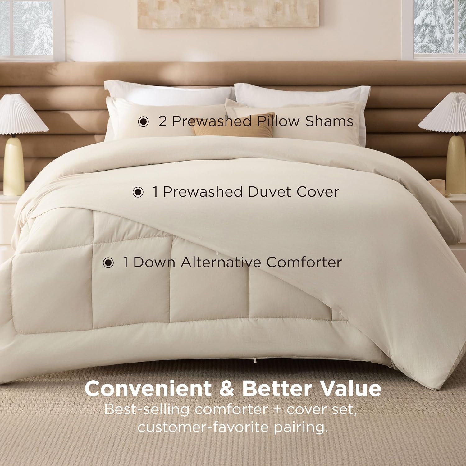 image:imageBedsure White Comforter Cover Queen Size Breathable Mellow Marshmallow Comforter 4 Pieces Prewashed Soft Bedding Set for All Seasons Use Includes 1 Duvet Cover 1 Comforter 2 Pillow ShamsBeige