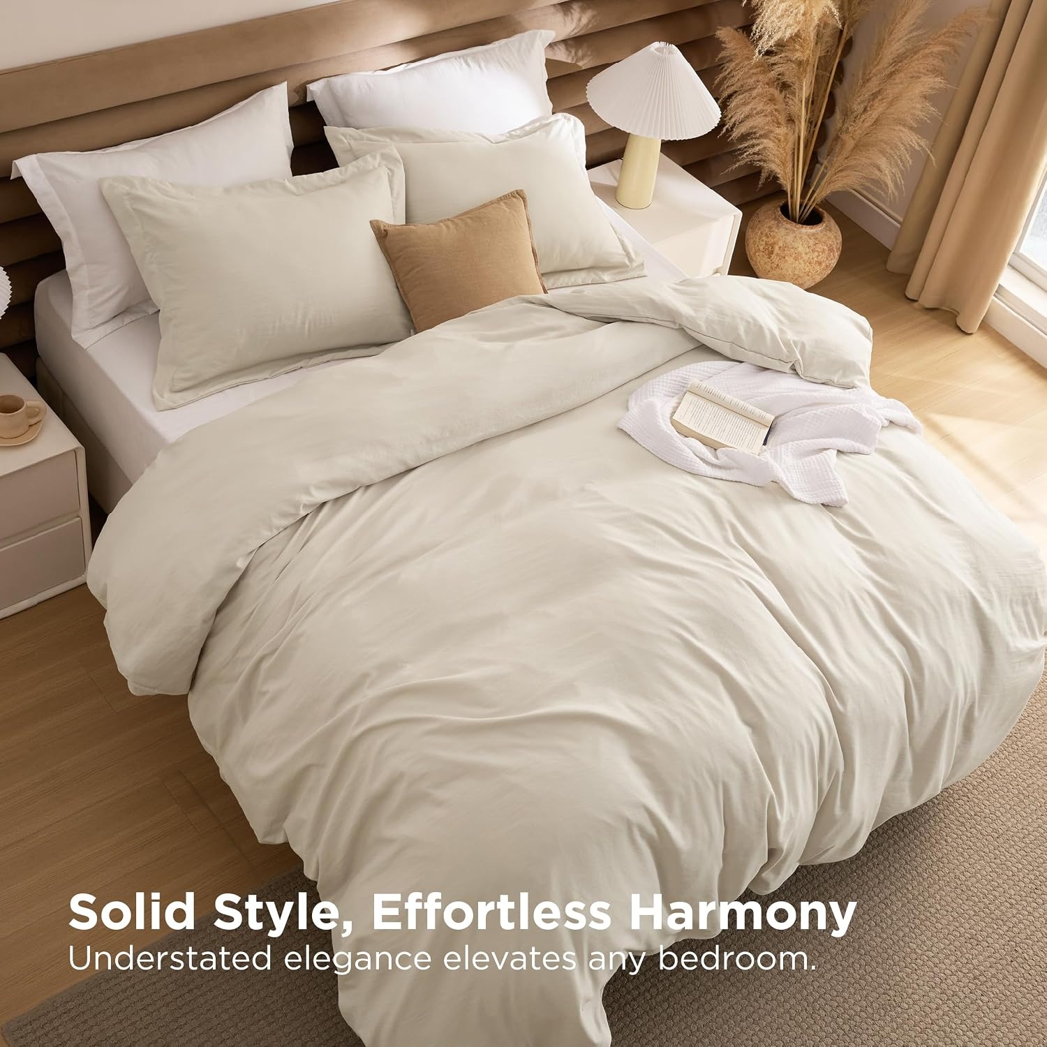 image:imageBedsure White Comforter Cover Queen Size Breathable Mellow Marshmallow Comforter 4 Pieces Prewashed Soft Bedding Set for All Seasons Use Includes 1 Duvet Cover 1 Comforter 2 Pillow ShamsBeige