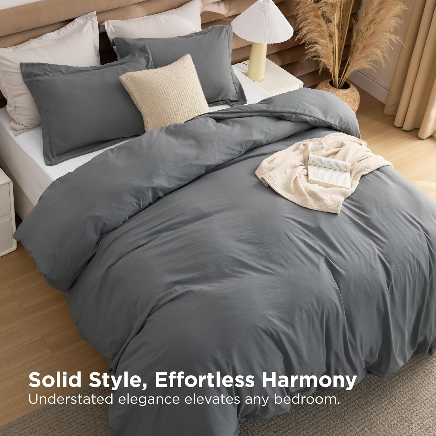 image:imageBedsure White Comforter Cover Queen Size Breathable Mellow Marshmallow Comforter 4 Pieces Prewashed Soft Bedding Set for All Seasons Use Includes 1 Duvet Cover 1 Comforter 2 Pillow ShamsDark Gray
