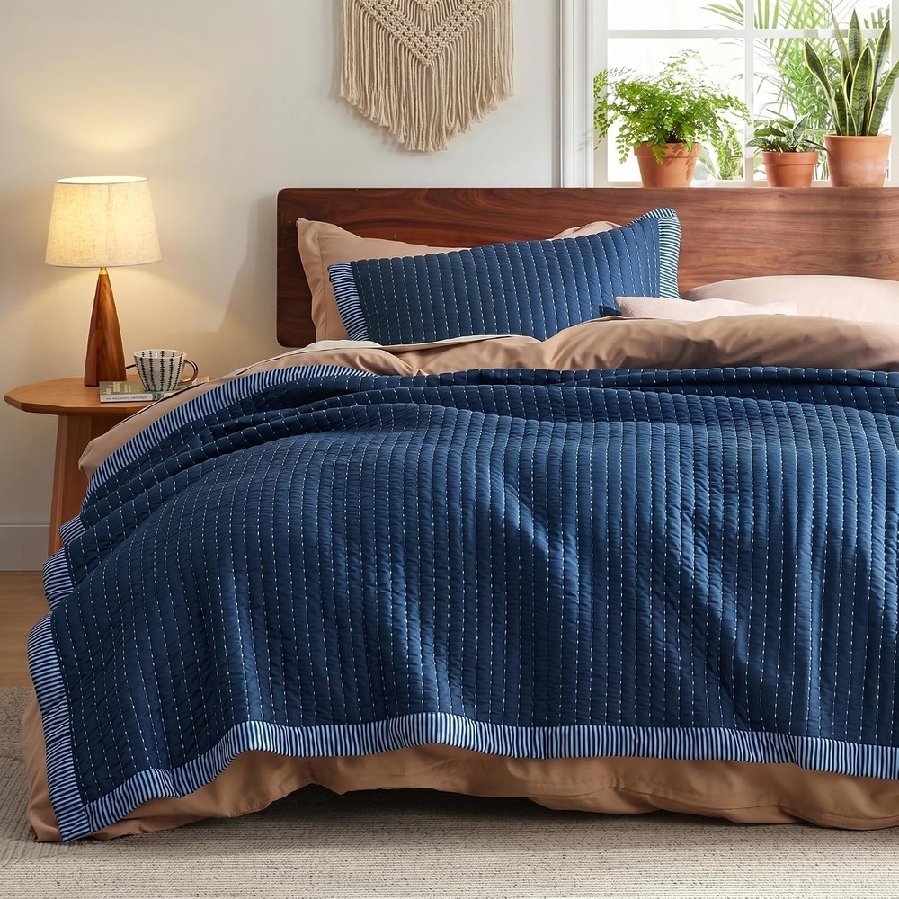 image:imageBedsure Bedspreads Queen Size Lightweight Striped Comforter Navy Breathable Ultra Soft Bedspread AllSeason Comfort Summer Coverlet Hot Sleepers Friendly OEKOTEX 3Piece Set 90x96in08 Navy Contrast Border