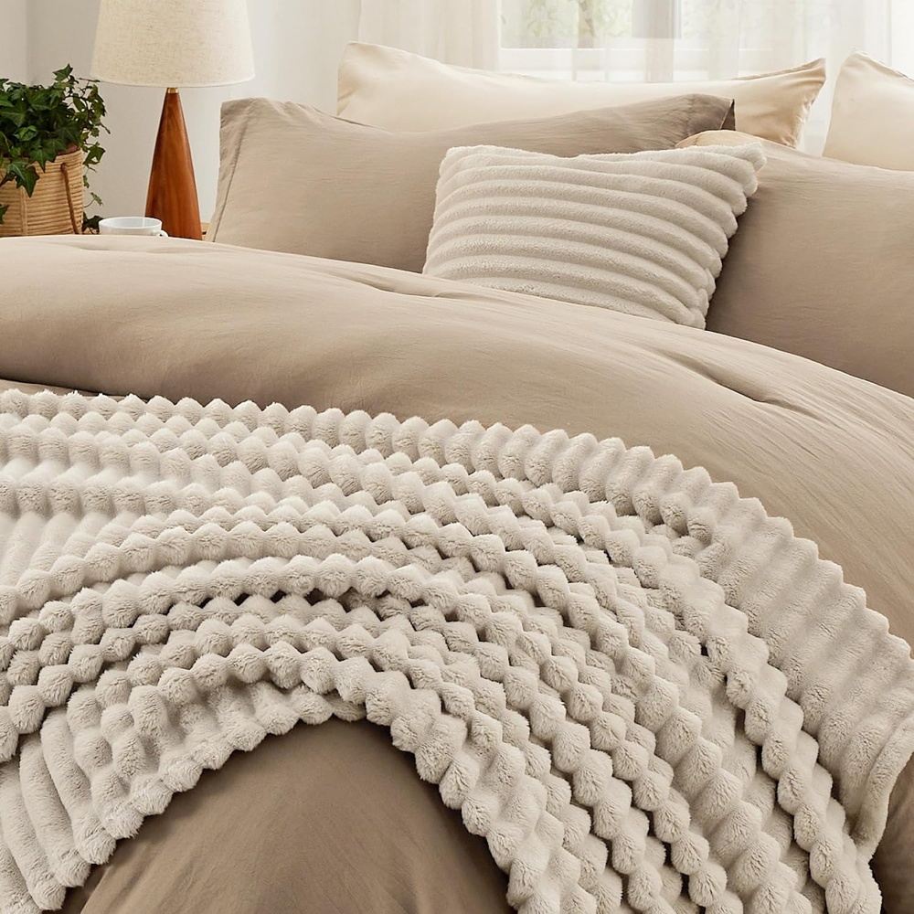 image:imageBedsure Comforter Queen Size 5 Pieces Queen Size Comforter Set with Checkered Throw Blanket and Decorative Pillow Lightweiget Bedding All Season Bedding Sets Light Camel02 Khaki Striped