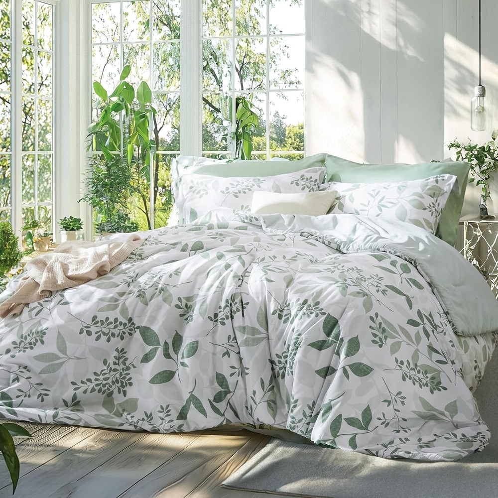 image:imageBedsure Comforter Set Queen Size Cute Floral Bedding Comforter Set 3 Pieces 1 Soft Reversible Olive Green Woodland Floral Flowers Comforter and 2 Pillow ShamsLeaf