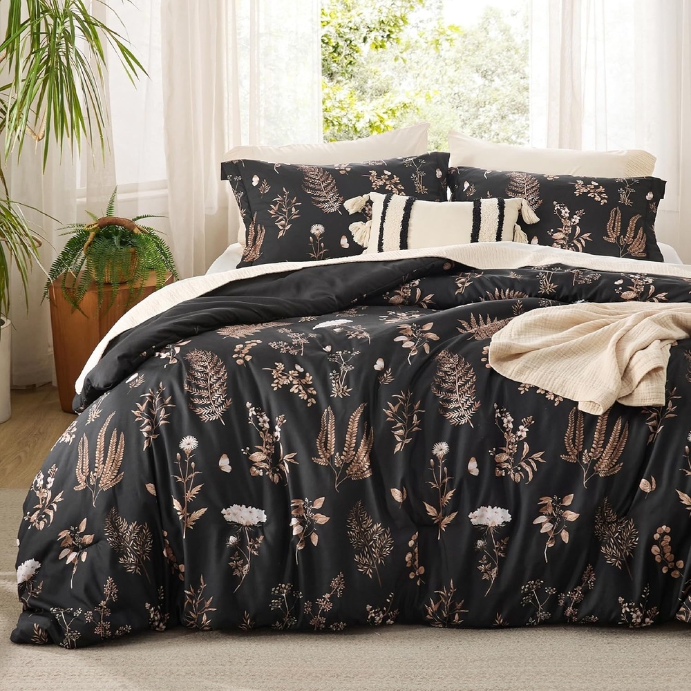 image:imageBedsure Comforter Set Queen Size Cute Floral Bedding Comforter Set 3 Pieces 1 Soft Reversible Olive Green Woodland Floral Flowers Comforter and 2 Pillow ShamsTree