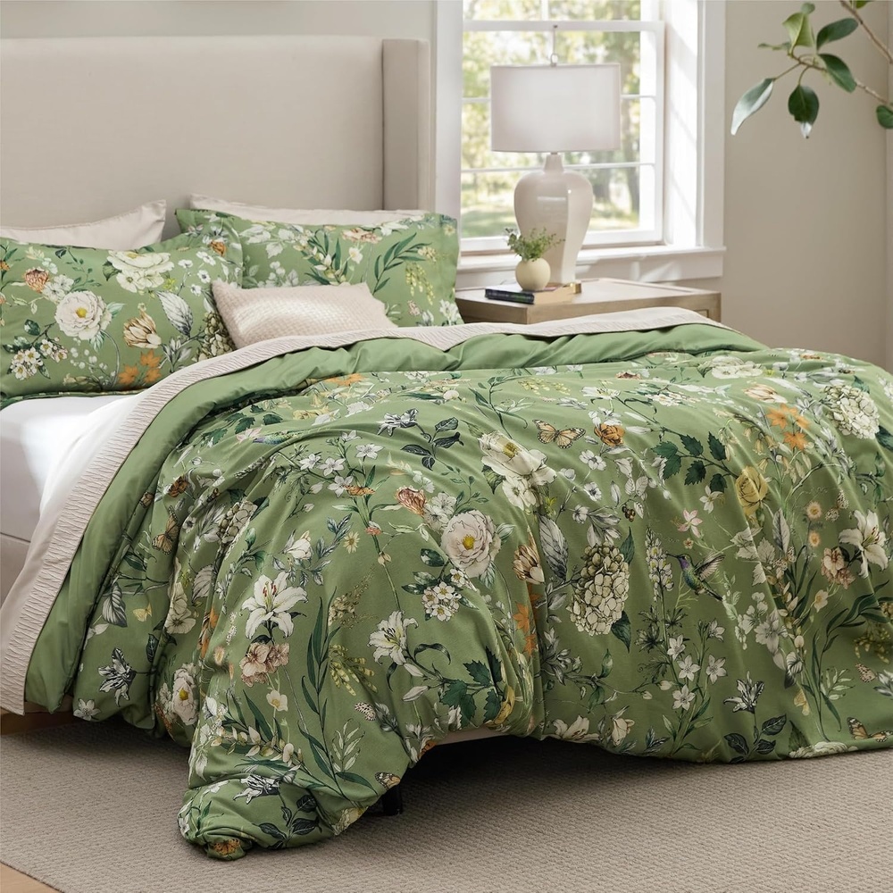 image:imageBedsure Comforter Set Queen Size  Cute Floral Bedding Comforter Set 3 Pieces 1 Soft Reversible Olive Green Woodland Floral Flowers Comforter and 2 Pillow ShamsCartoon