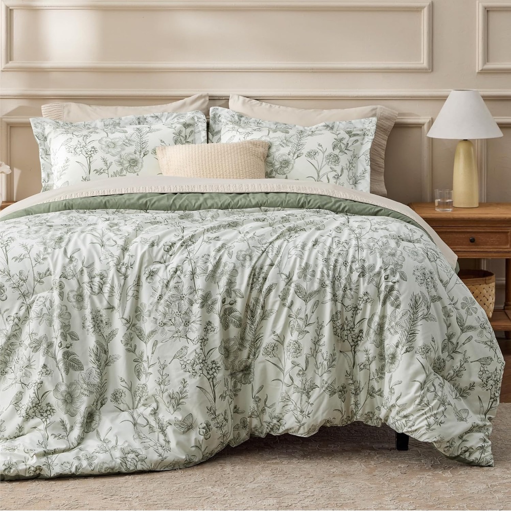 image:imageBedsure Comforter Set Queen Size  Cute Floral Bedding Comforter Set 3 Pieces 1 Soft Reversible Olive Green Woodland Floral Flowers Comforter and 2 Pillow ShamsBotanical Print