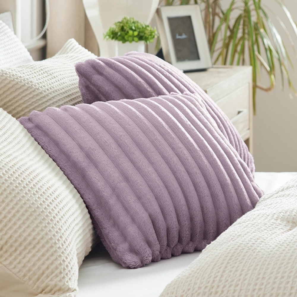 image:imageBedsure Fleece Striped Decorative Throw Pillow Covers Linen 18x18  Set of 2 DoubleSide Fluffy Soft Home Decor for Couch Sofa Living Room Bedroom05light Purple